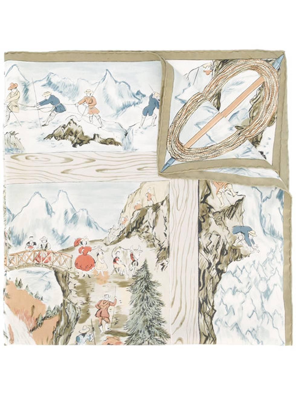 1946s Hermes Rarity Les Joies De La Montagne silk scarf featuring a mountains scenic print, designed by Jean-Louis Clerc  Circa 1946. This scarf is one of the most famous & rare silk printed scarf from Hermes.
90cm x 90cm
In good vintage