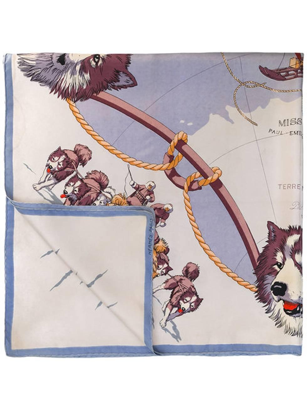 Rare 1951s Mission Paul Emile Victor Hermès blue silk scarf featuring an polar scenic print. 
Circa 1951. 90cm x 90cm 
In good vintage condition. Made in France.
Please see all details on the photos some spots could be on as per photos.