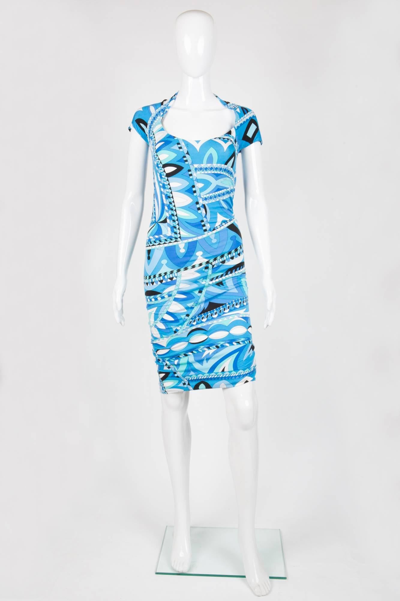Emilio Pucci blue turquoise silk jersey dress featuring a graphic patterns Pattern and cut of the dress are emblematic of the psychedelic art and style of the 1970s, a low back with a gathered center back for a perfect fits, with a full white