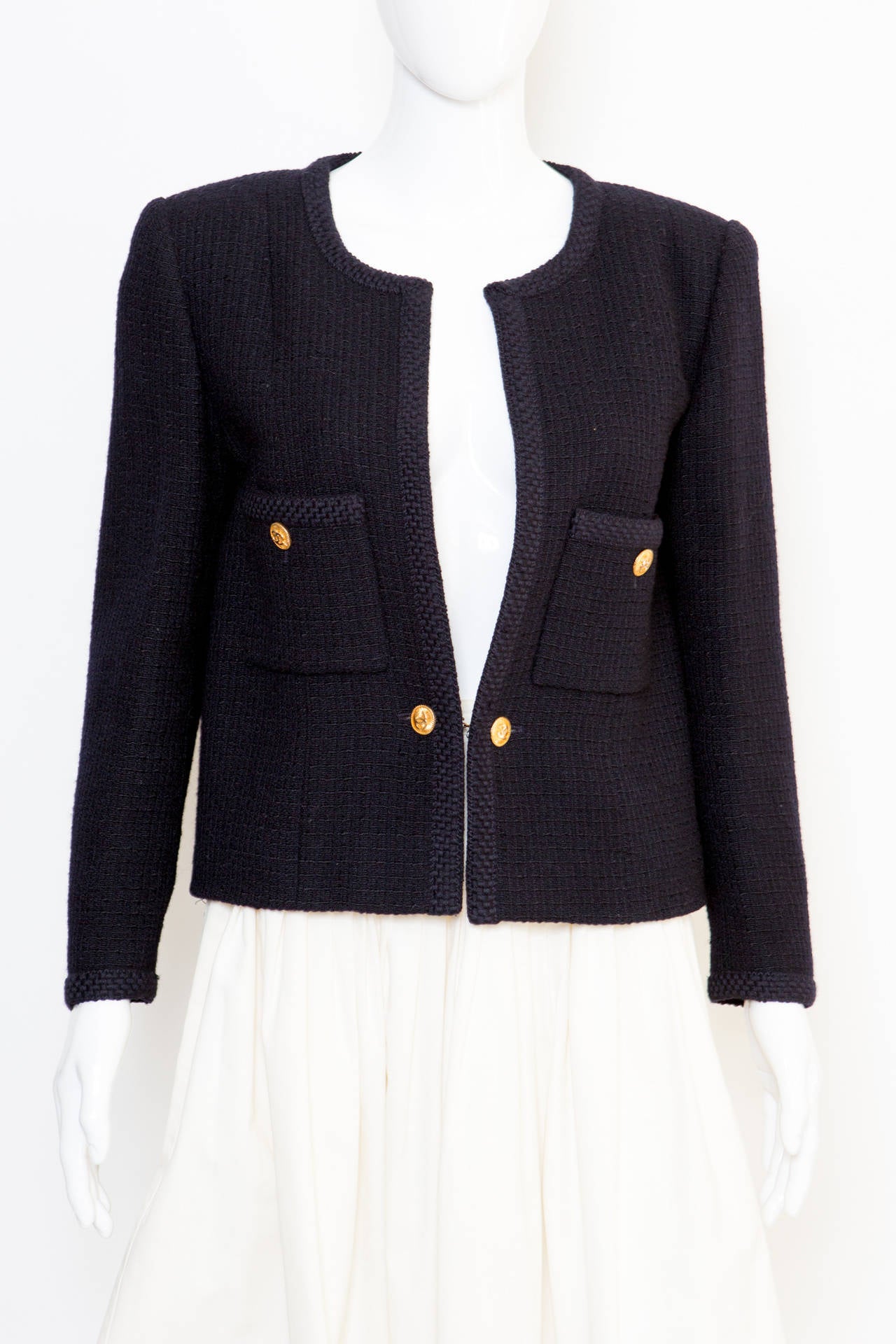 1990s Chanel Classic Dark Navy Wool Boucle Jacket at 1stDibs