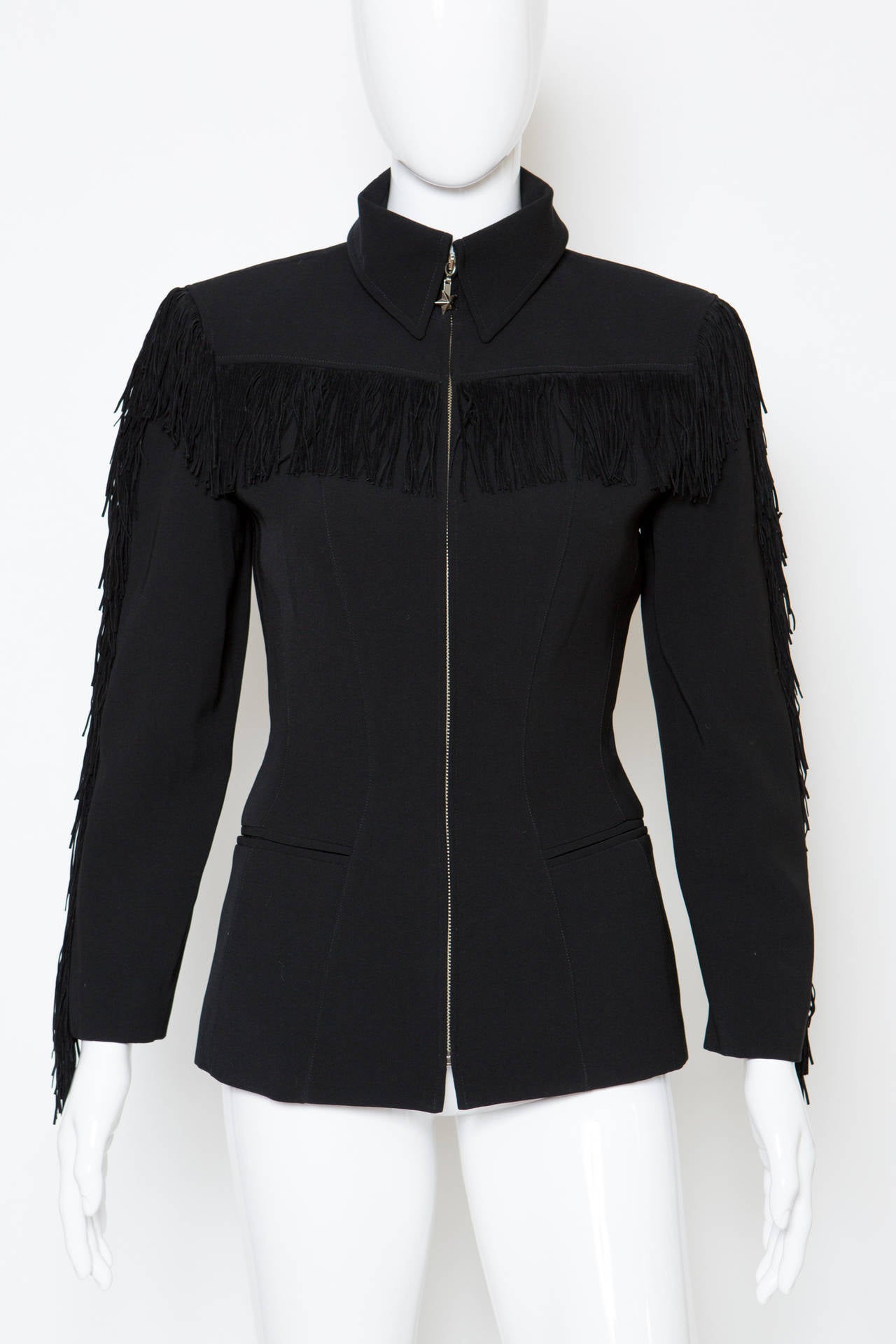 1990s Thierry Mugler Black Fringed Jacket