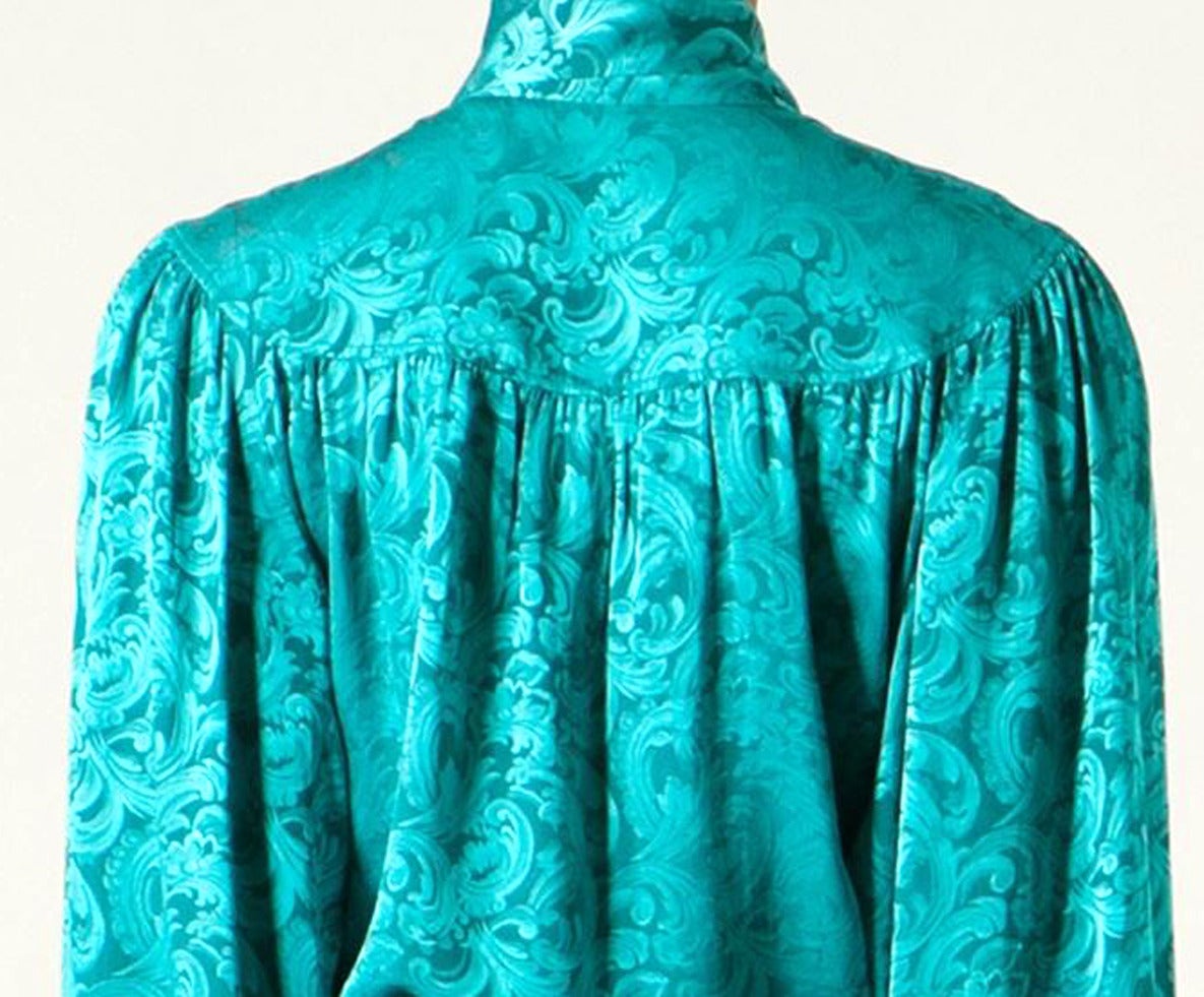 1970s Rare Yves Saint Laurent Green Silk Pussy Bow Blouse