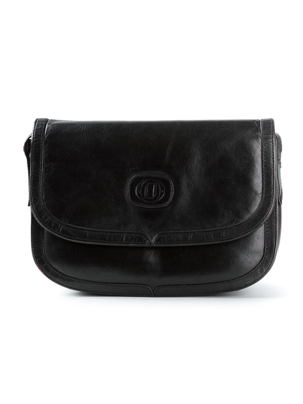 1990S Cartier black leather cross body bag featuring a front flap closure, a front logo patch, a long shoulder strap, a magnetic fastening, multiple interior compartments and an internal zipped pocket.
The long strap measures: 122cm x 2cm.