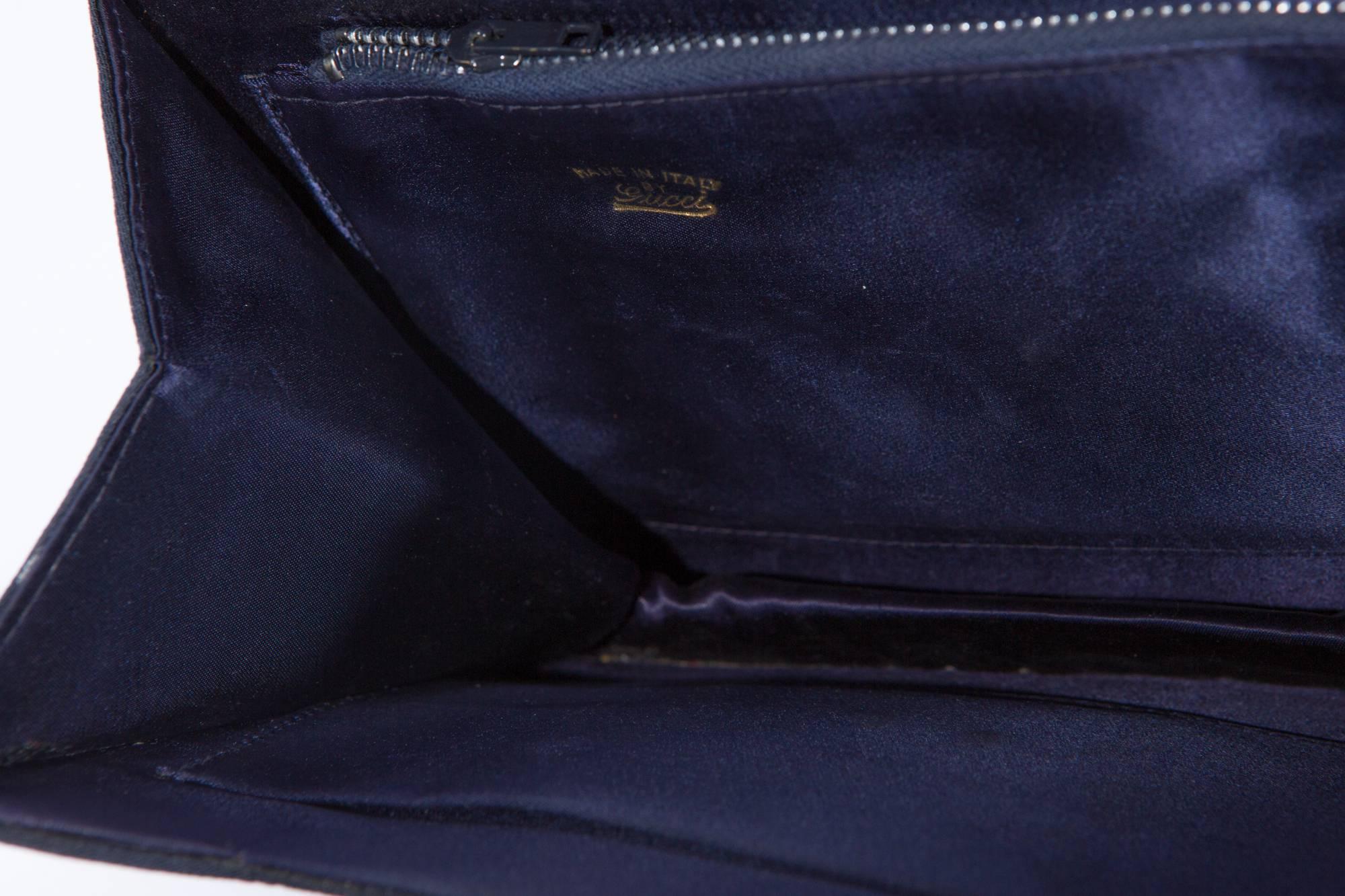 1960s Navy Satin Silk Gucci Clutch 1