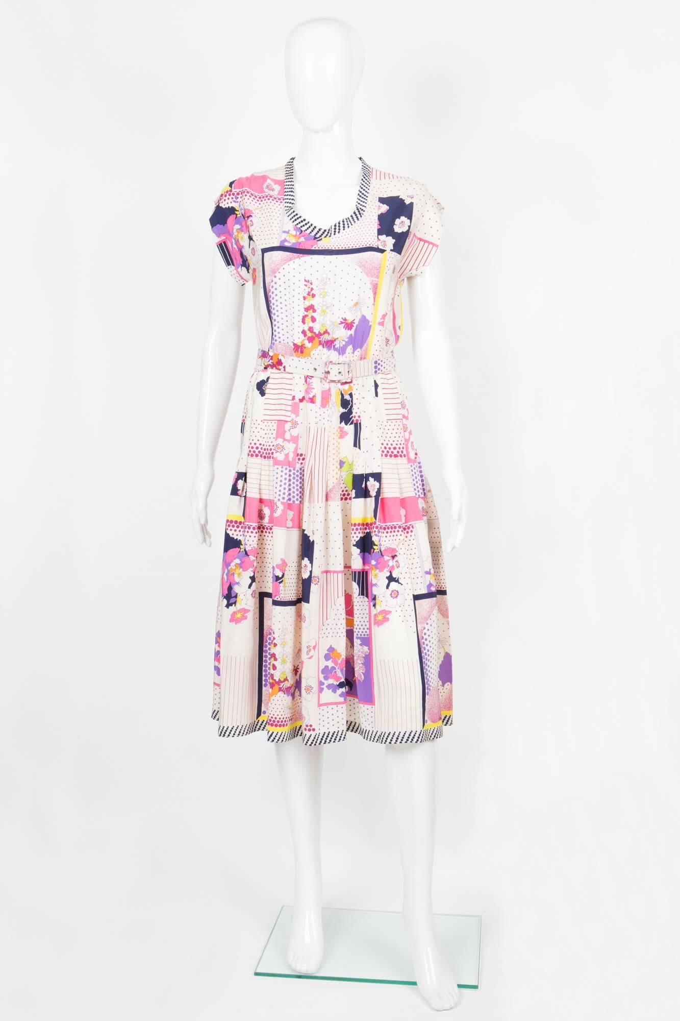 Gorgeous 70s Lanvin silk printed cocktail dress featuring a flower & graphic print, a center back zip, a separated printed belt, an elasticated waist.
In excellent vintage condition. Made in France.
We guarantee you will receive this gorgeous
