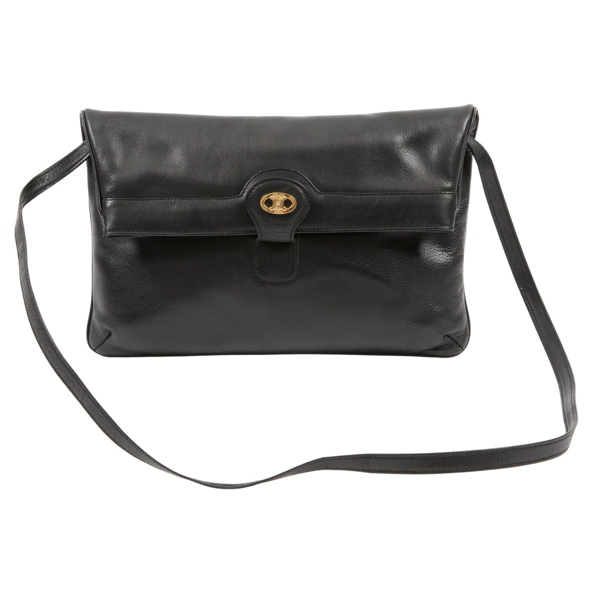 1970s Celine Black Leather Triomphe Shoulder Bag