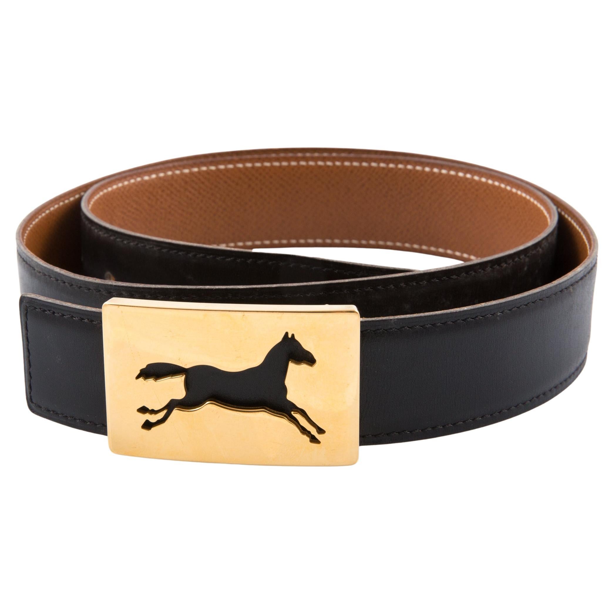 Hermes Pferd Schnalle Schwarz Box Ledergürtel im Angebot