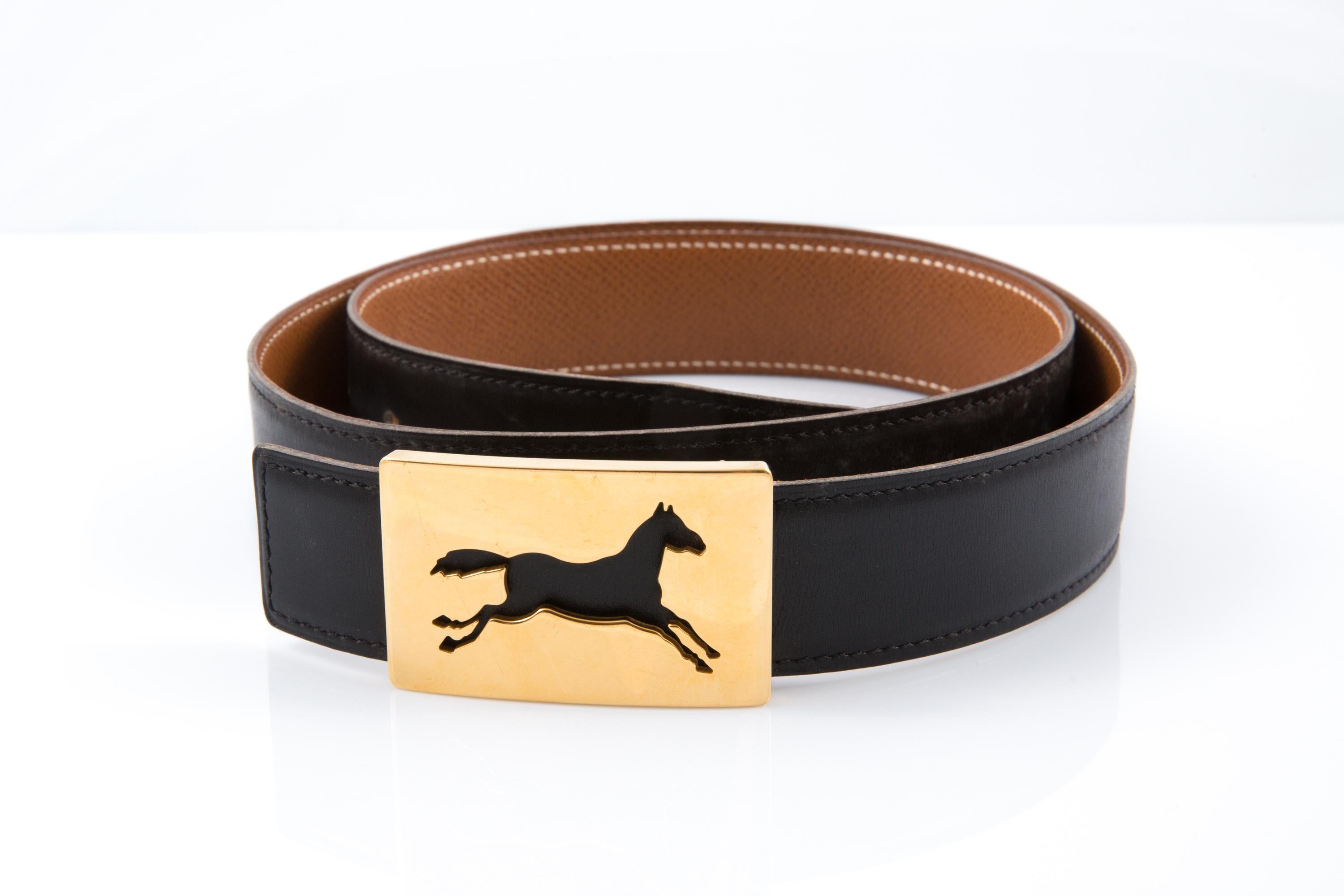 Hermes Pferd Schnalle Schwarz Box Ledergürtel im Angebot 2
