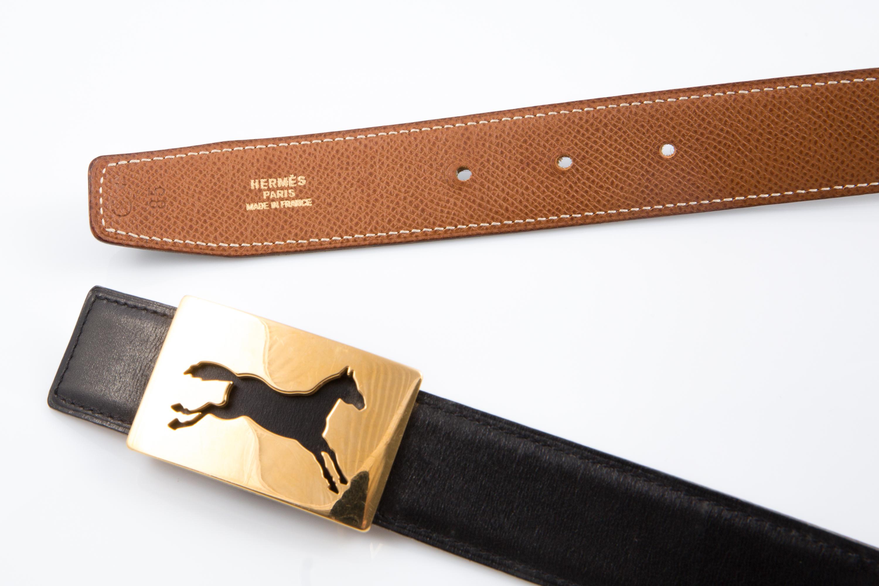 Hermes Pferd Schnalle Schwarz Box Ledergürtel im Zustand „Gut“ im Angebot in Paris, FR