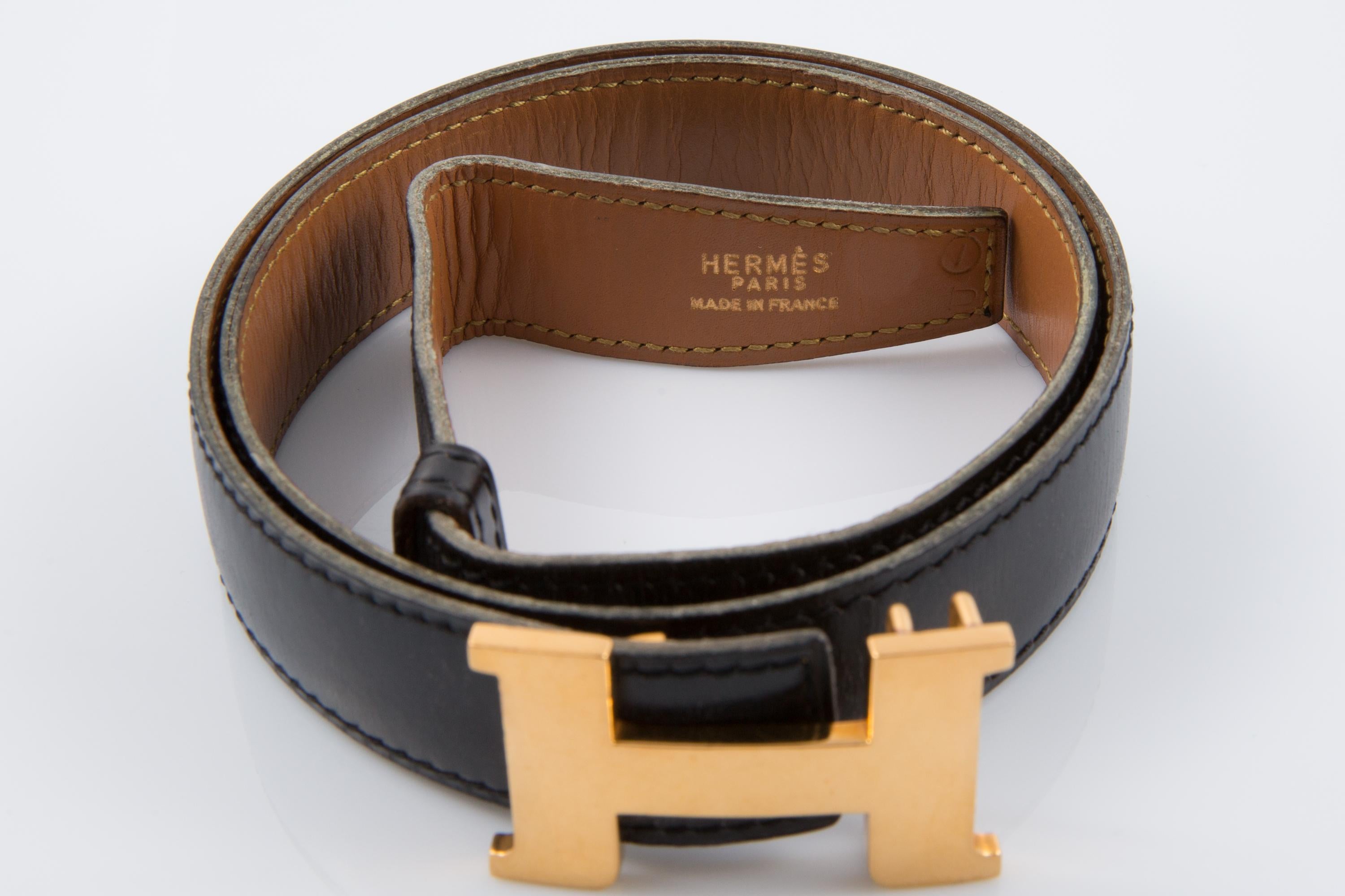 Marron Hermes Constance H. Ceinture en cuir avec boîte noire en vente