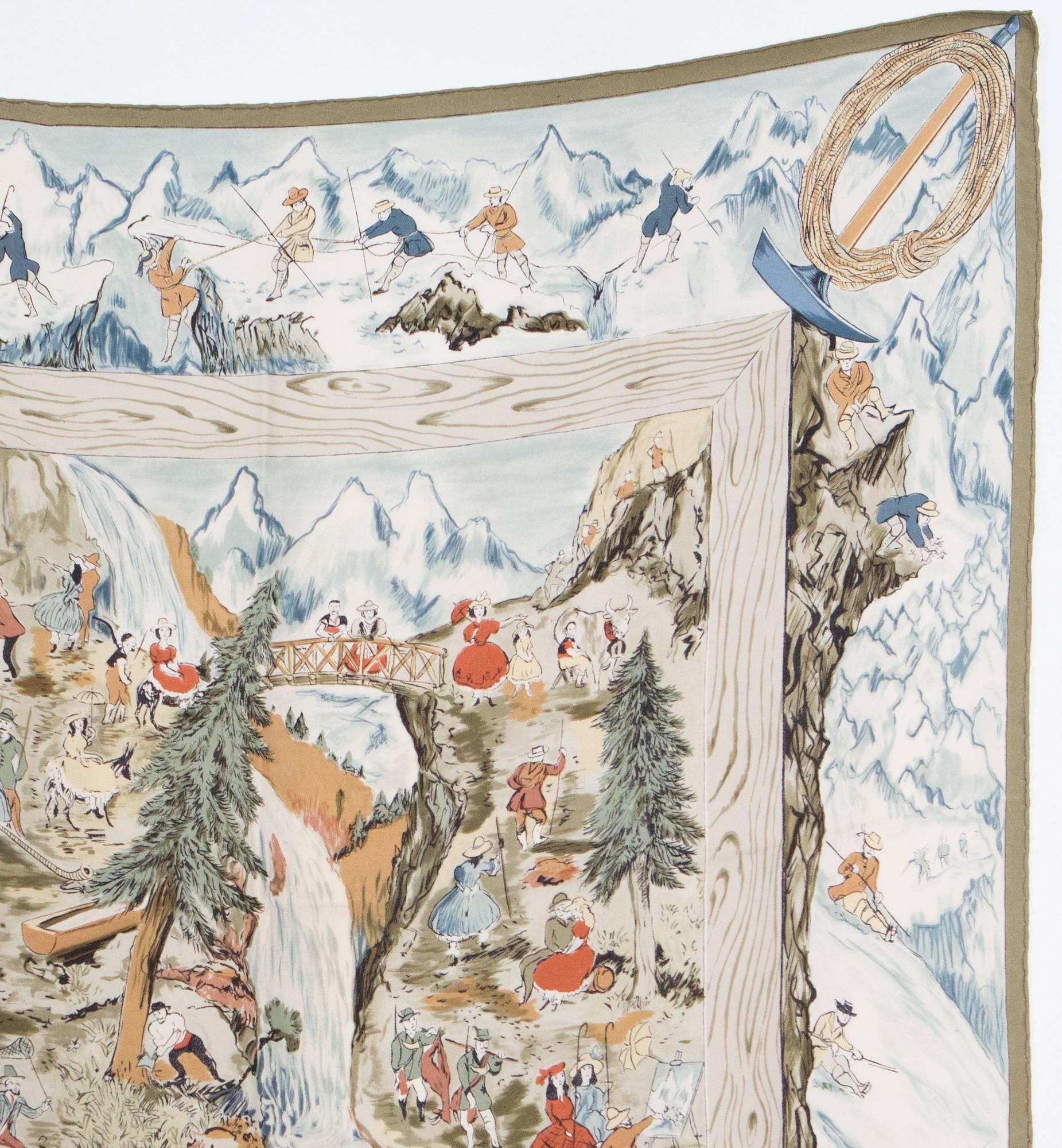 1946s Hermes Rarity Les Joies De La Montagne Silk Scarf In Good Condition In Paris, FR