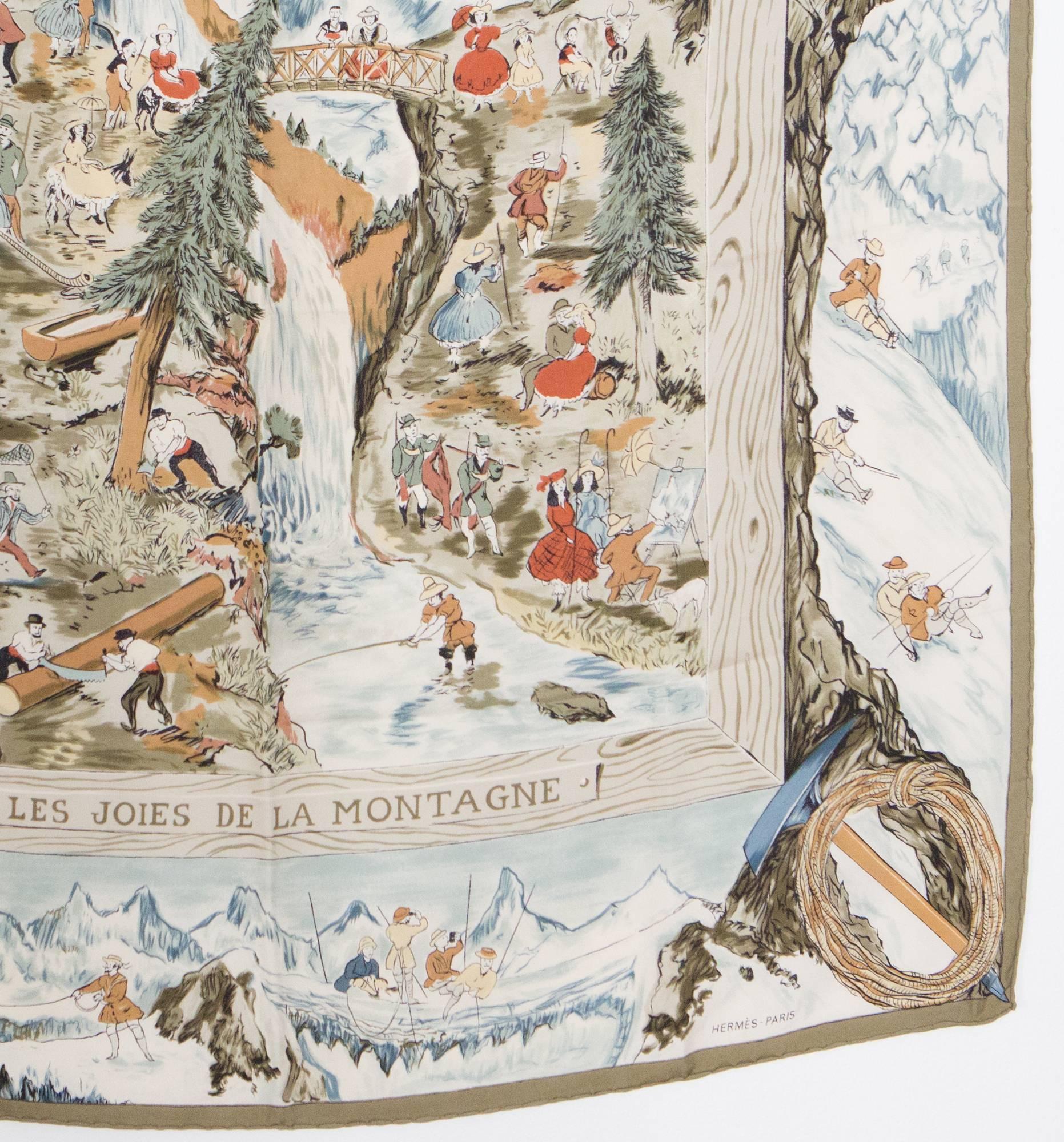 Women's or Men's 1946s Hermes Rarity Les Joies De La Montagne Silk Scarf