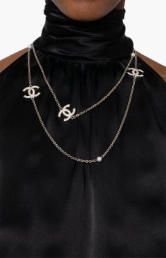 Chanel CC Silver Tone Sautoir Long Necklace