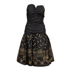 Zandra Rhodes Silk Taffeta Black and Gold Painted Evening Dress