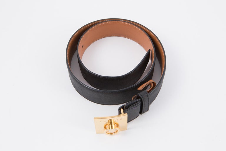 Celine Black Navy Reversible Logo Leather Belt For Sale at 1stdibs