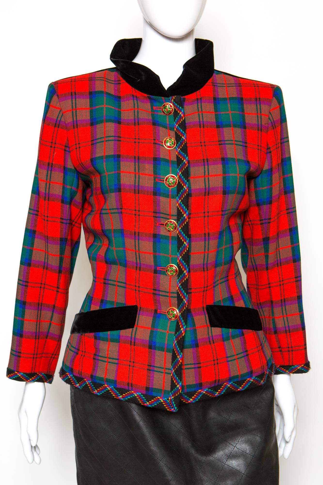 1994s collector red and green wool tartan jacket from Yves Saint Laurent  featuring a stand up black velvet collar, a front button fastening, a fitted waist, flap pockets, long sleeves, button cuffs and a contrasting black velvet  with a tie