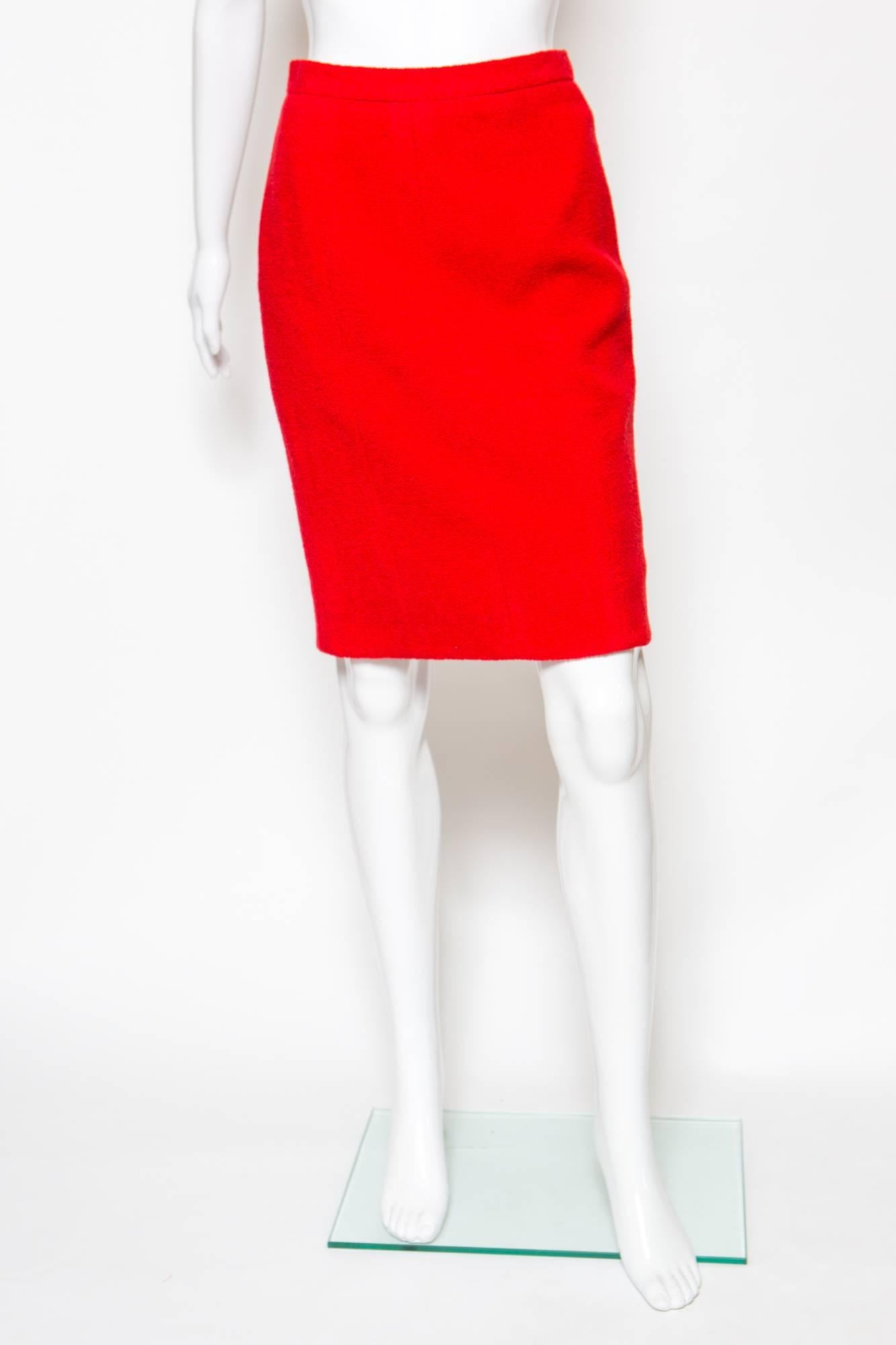 1990s Chanel Iconic Red Boucle Skirt Suit 1