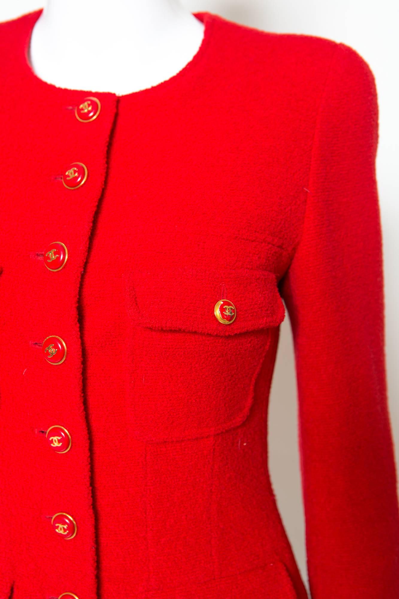 1990s Chanel Iconic Red Boucle Skirt Suit 2