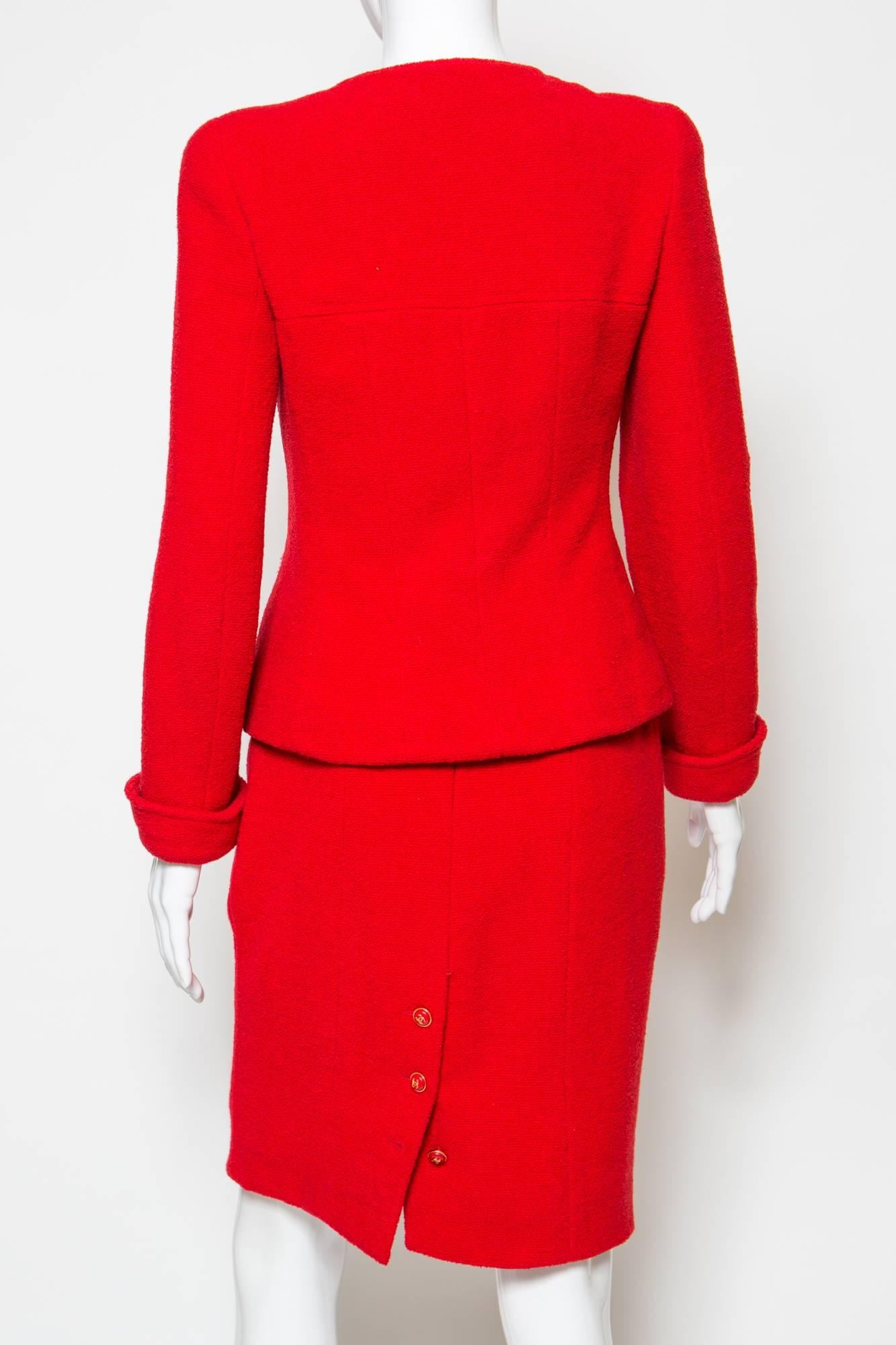 Women's 1990s Chanel Iconic Red Boucle Skirt Suit