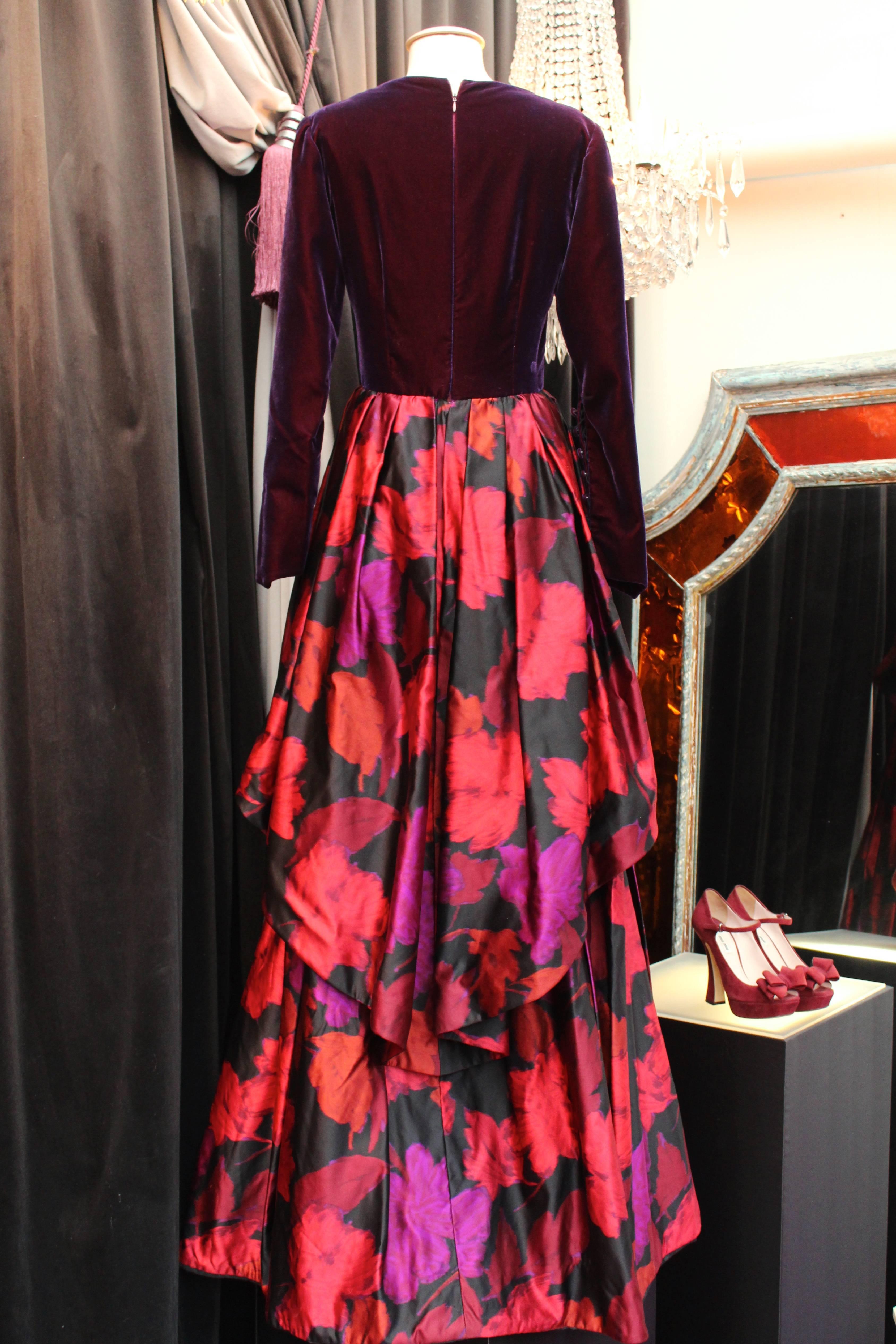 Black 1980s Lapidus Haute Couture Plum Velvet and Taffeta Evening Gown For Sale