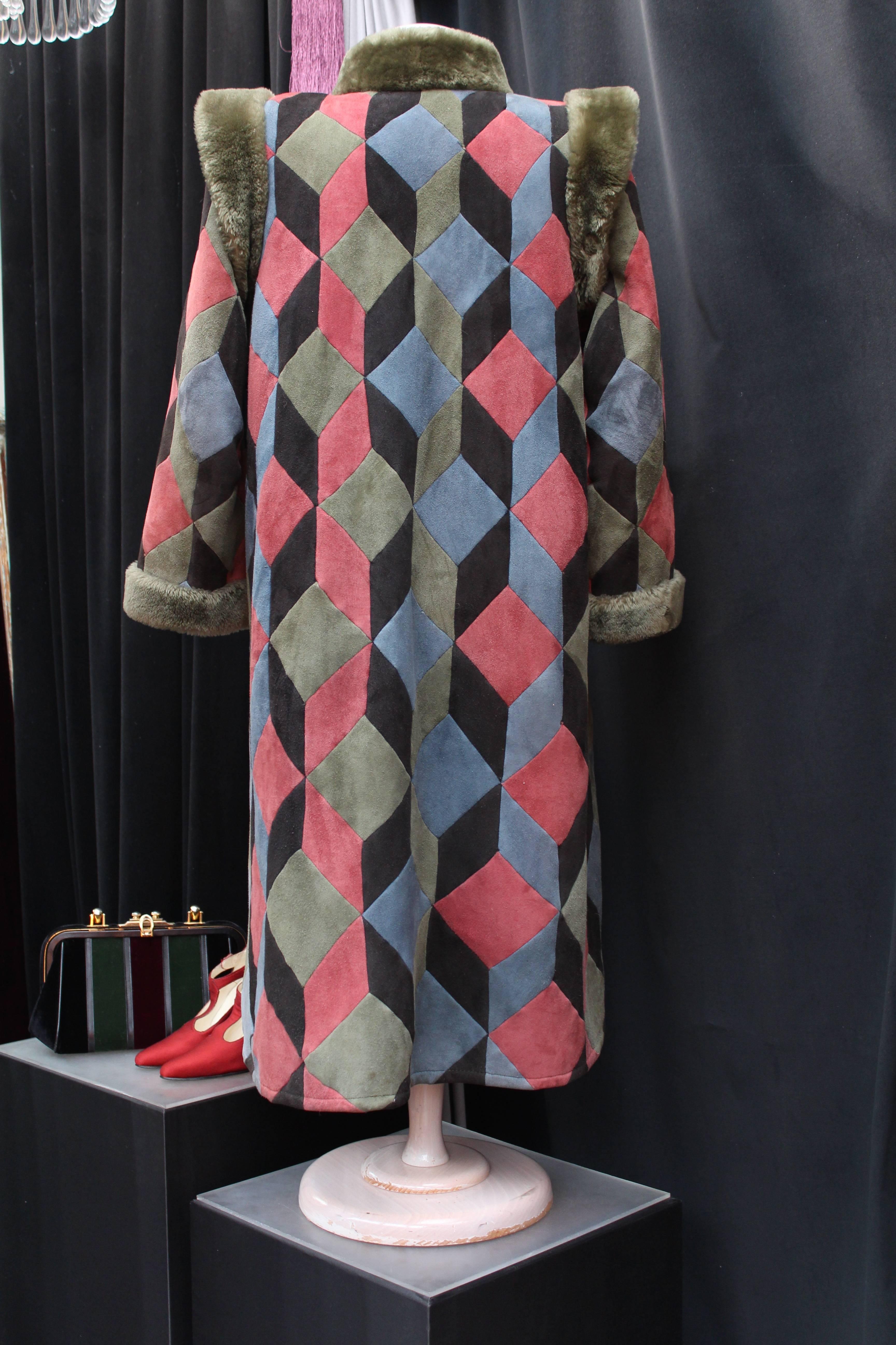Gray 1975s Christian Dior Multicolored Patchwork Shearling Coat