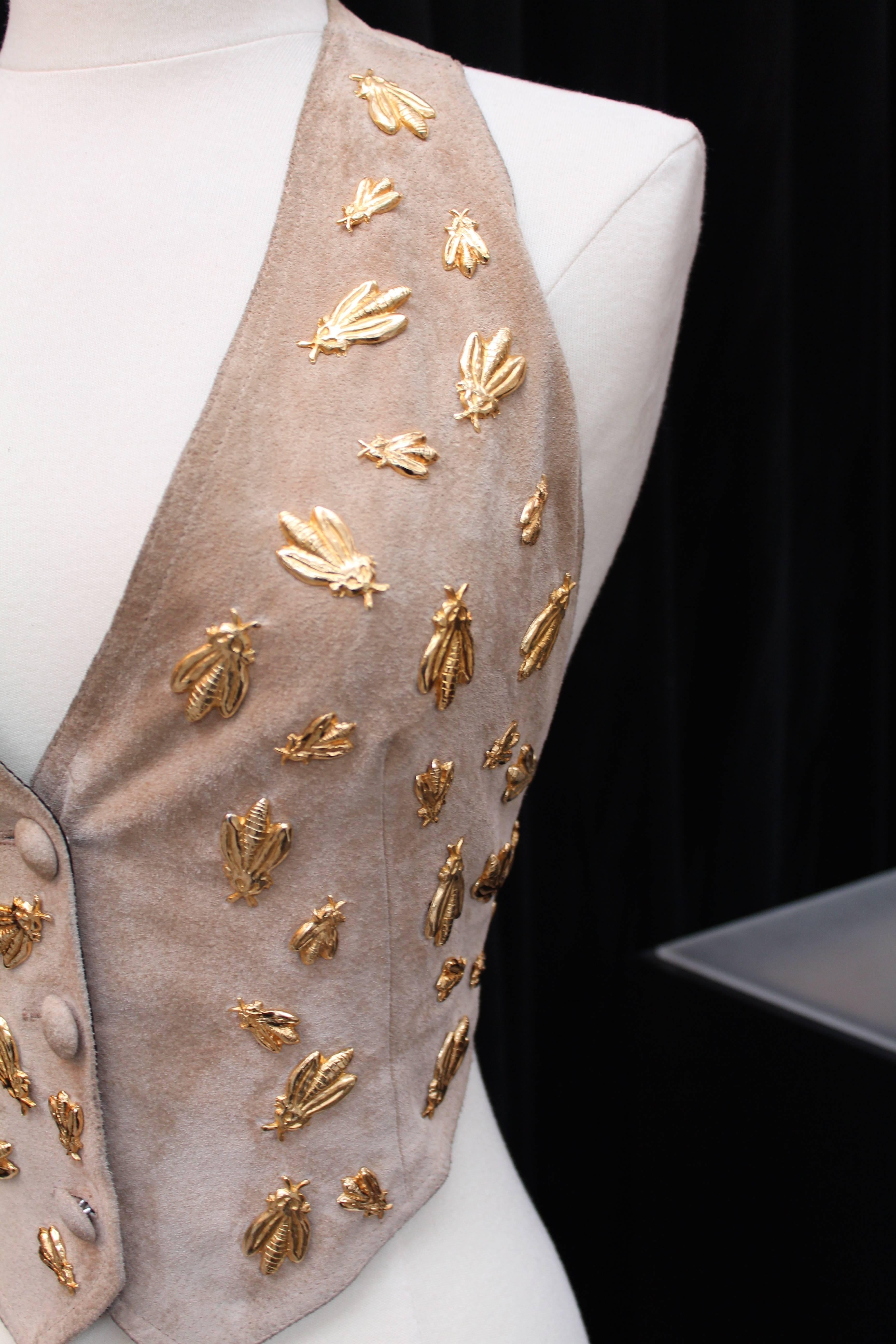1990s Rochas Bustier in Suede with Gilt Metal Bees 2