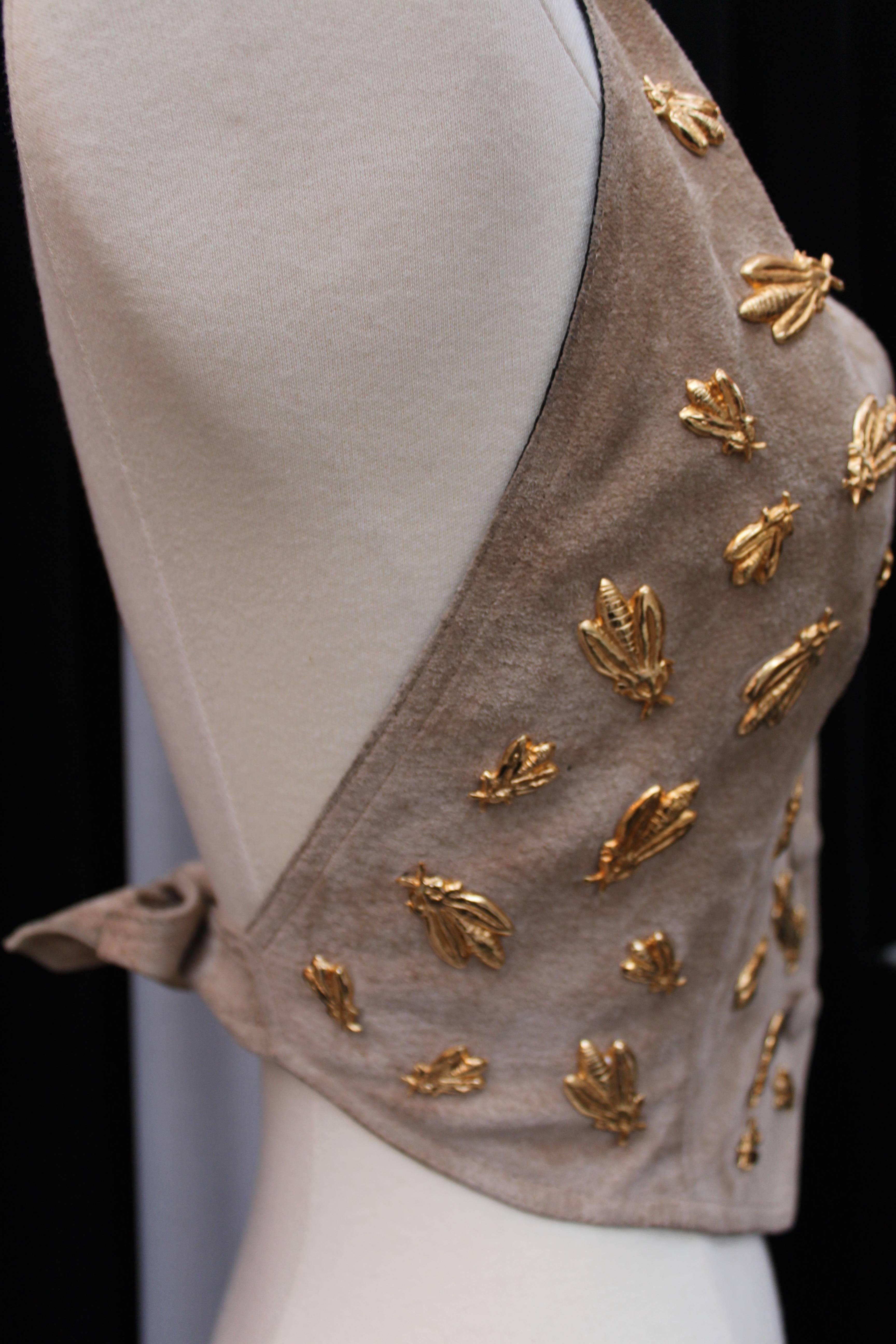 1990s Rochas Bustier in Suede with Gilt Metal Bees 3