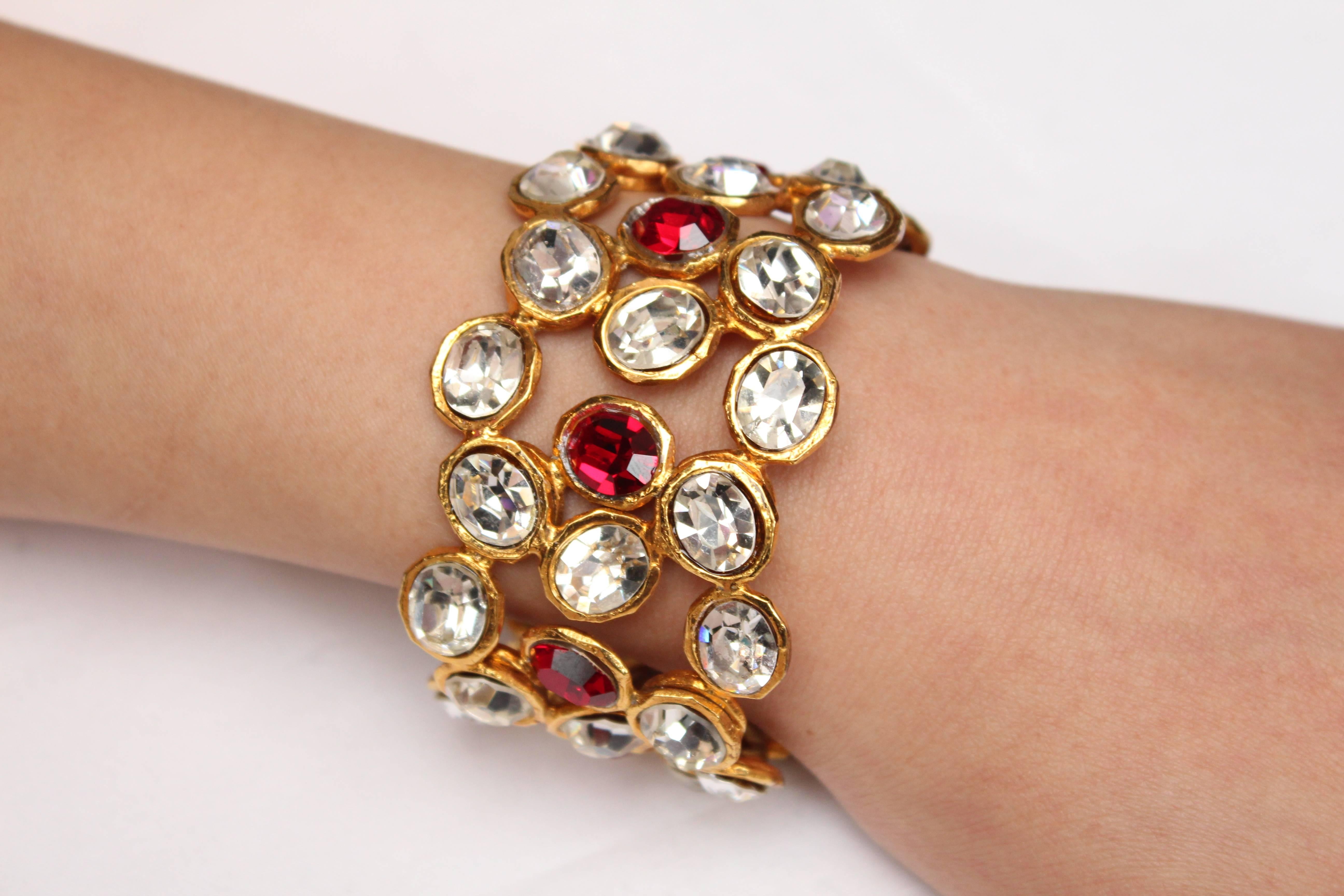 Early 1990s Chanel Cuff with Gilt Metal and White and Red Crystals For Sale 1