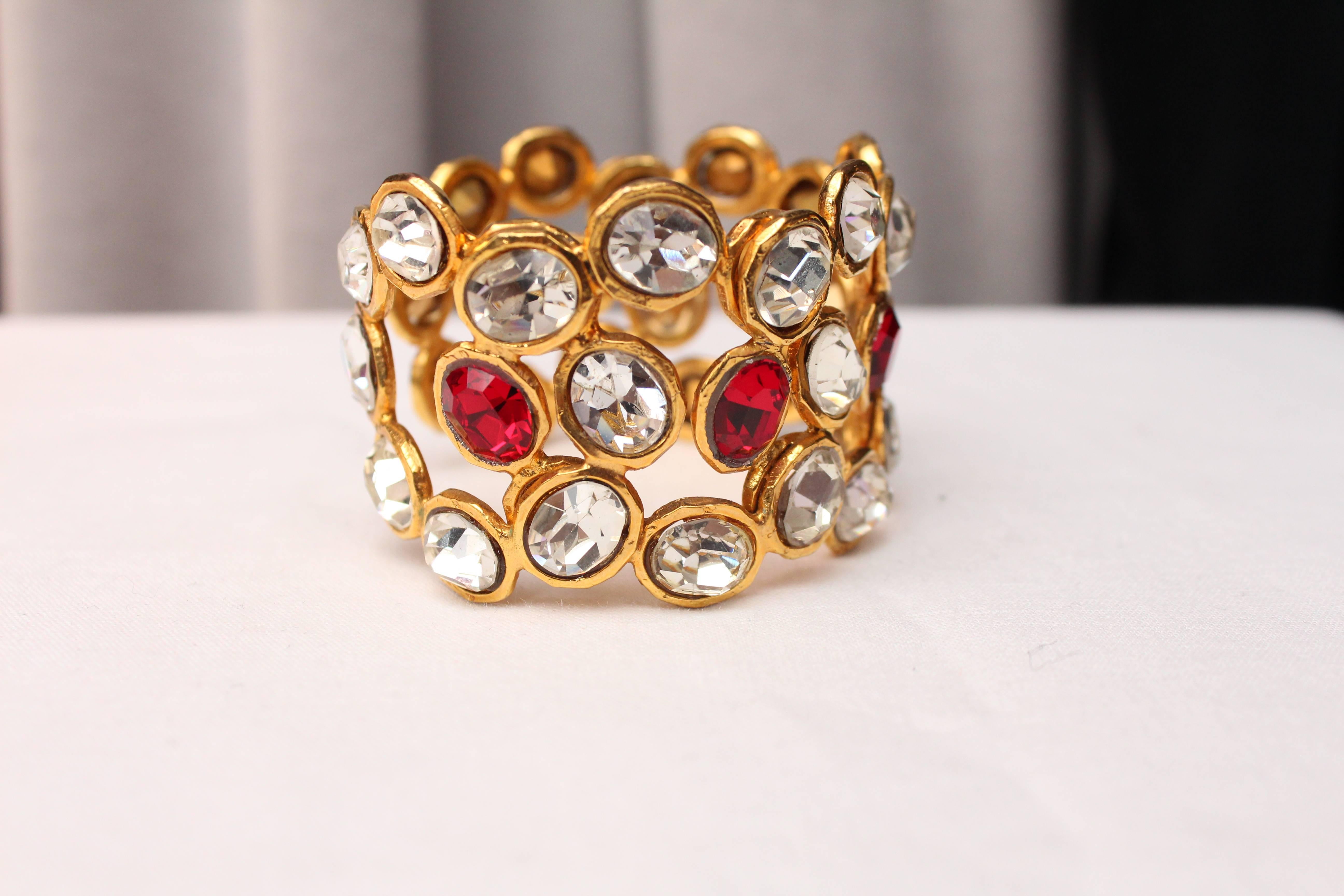 Women's Early 1990s Chanel Cuff with Gilt Metal and White and Red Crystals For Sale