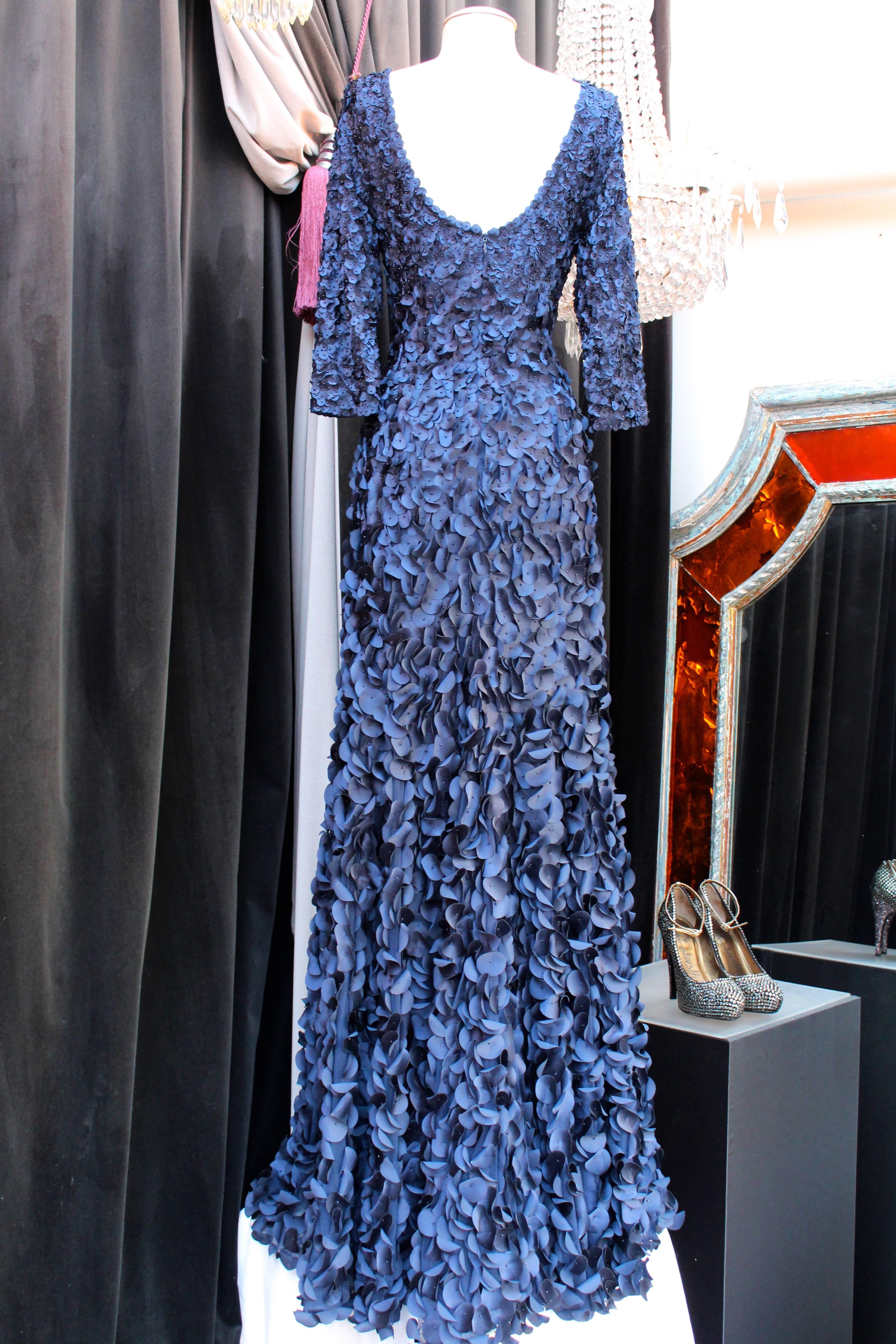 Women's 2010s Helene Gainville Paris Dark Blue Silk Petals Evening Gown