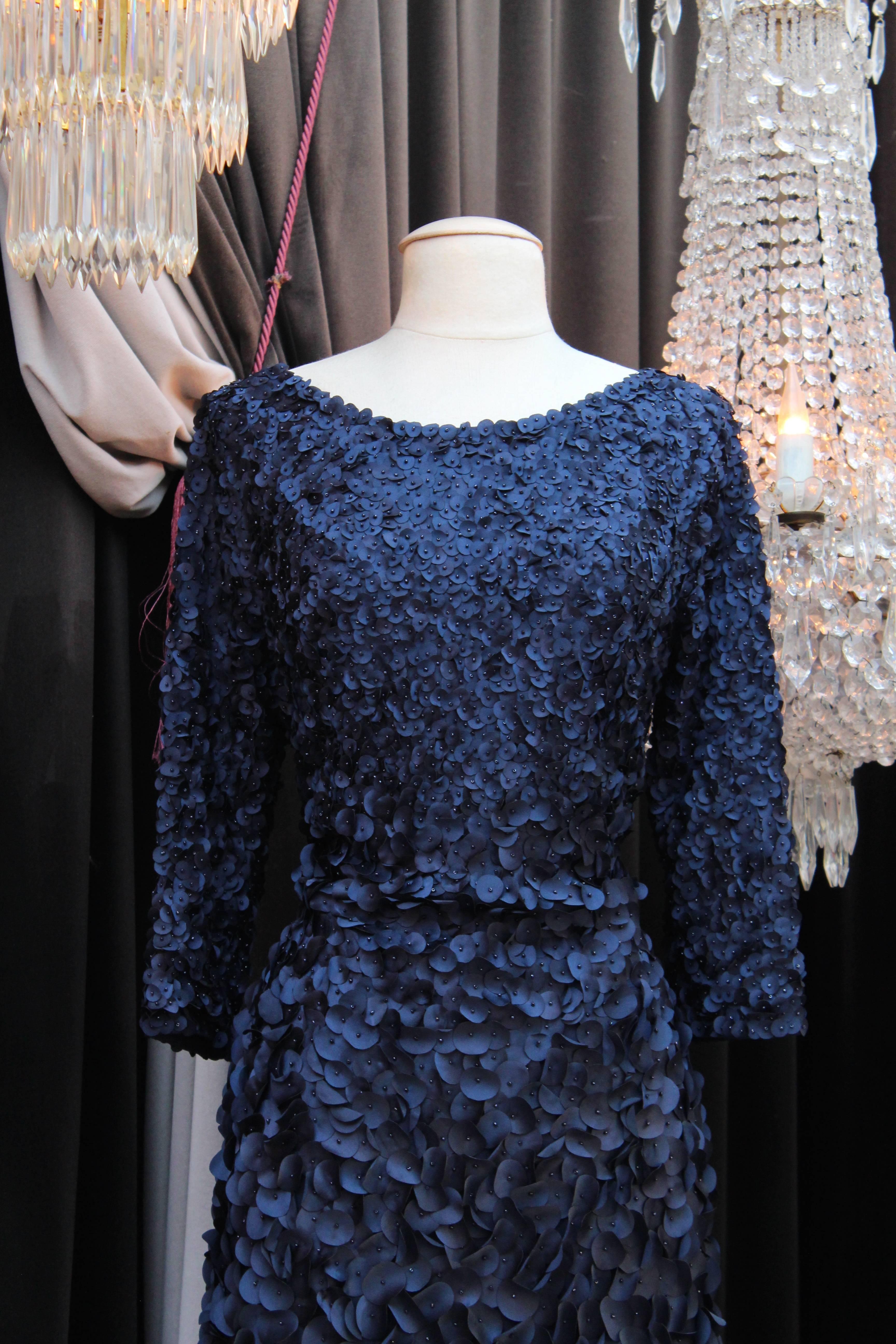 2010s Helene Gainville Paris Dark Blue Silk Petals Evening Gown 2