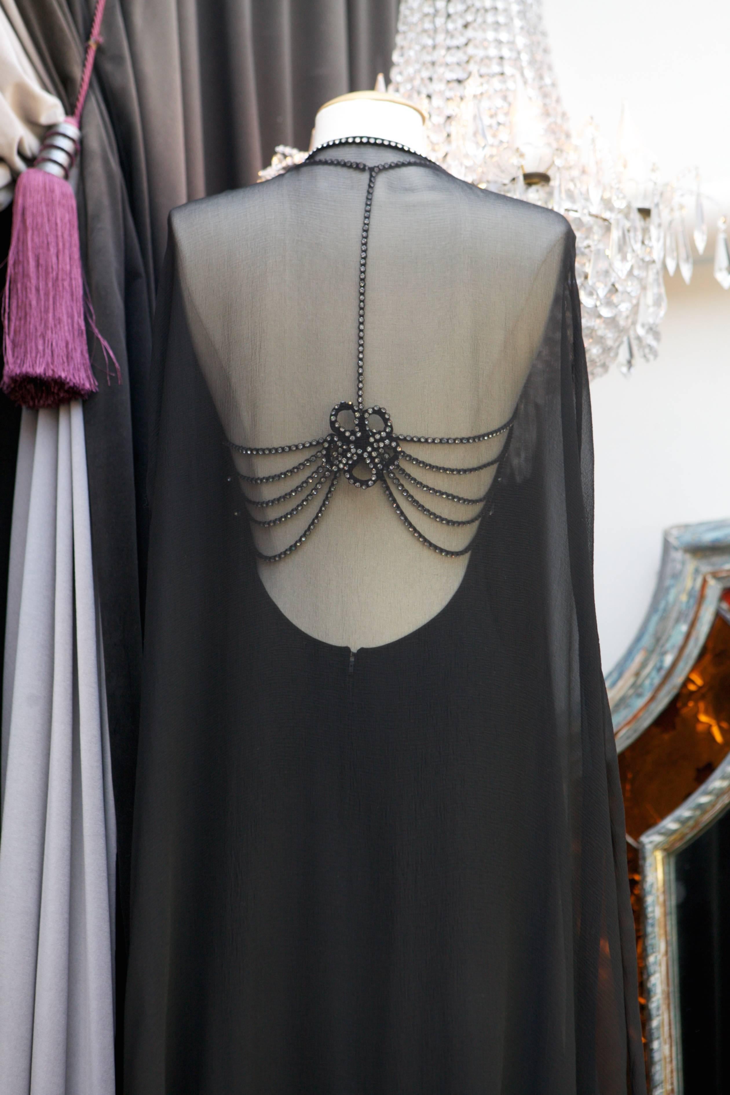 Women's 1970s Loris Azzaro Black Evening Gown and its Silk Muslin Cape