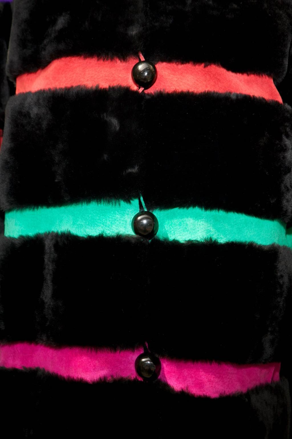 1980s Yves Saint Laurent Coat in Black Fur and Stripes of Multicolored Suede For Sale 1