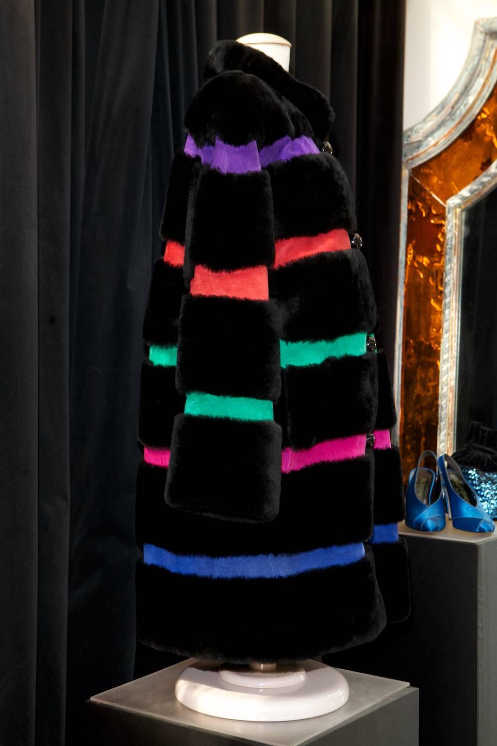 Women's 1980s Yves Saint Laurent Coat in Black Fur and Stripes of Multicolored Suede For Sale