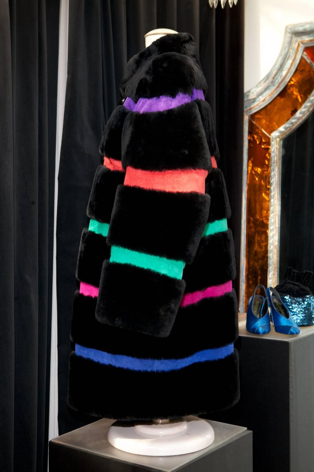 1980s Yves Saint Laurent Coat in Black Fur and Stripes of Multicolored Suede In Excellent Condition For Sale In Paris, FR