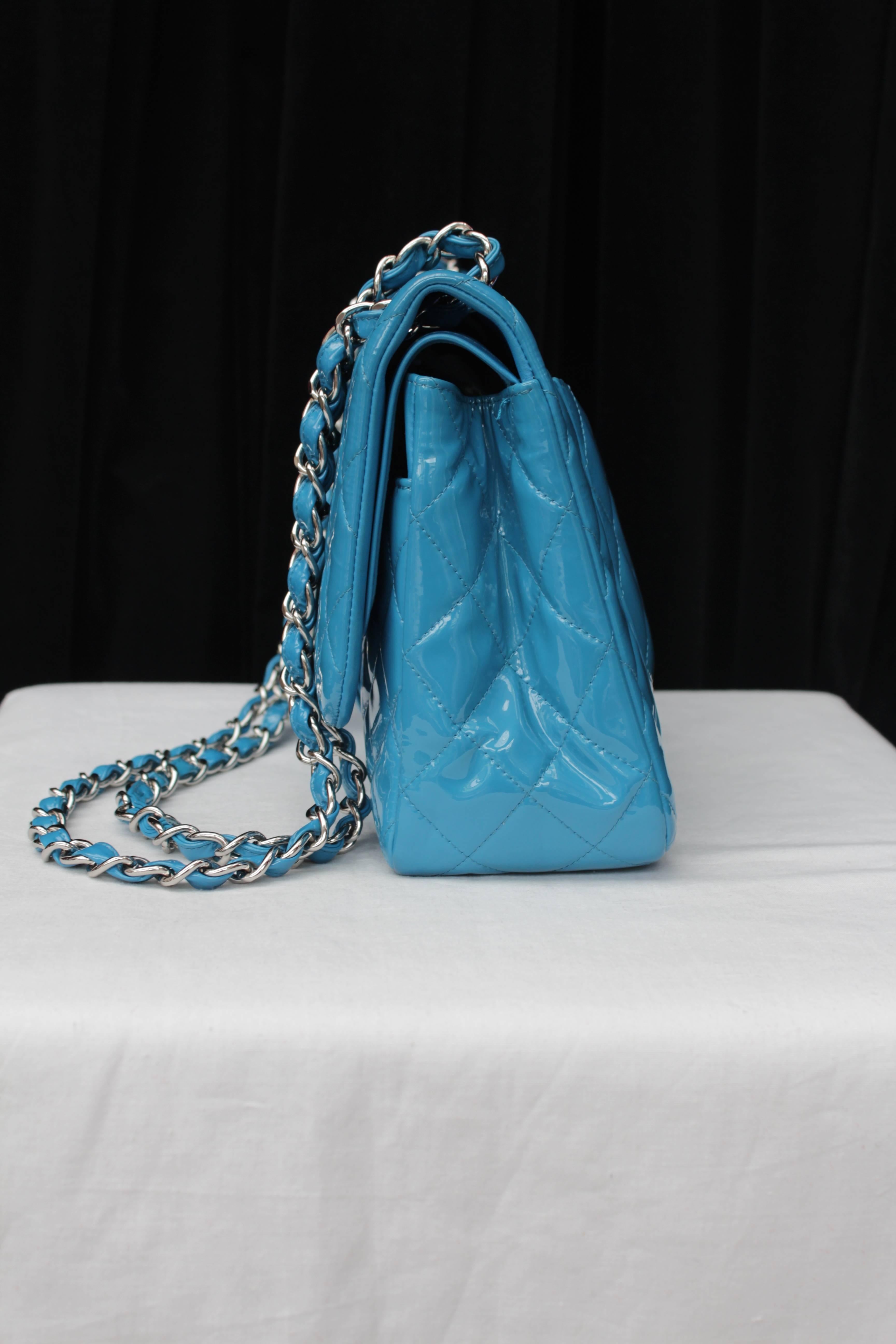 Blue 2000s Chanel Jumbo Timeless Bag in Patent Turquoise Leather and Silver Hardware