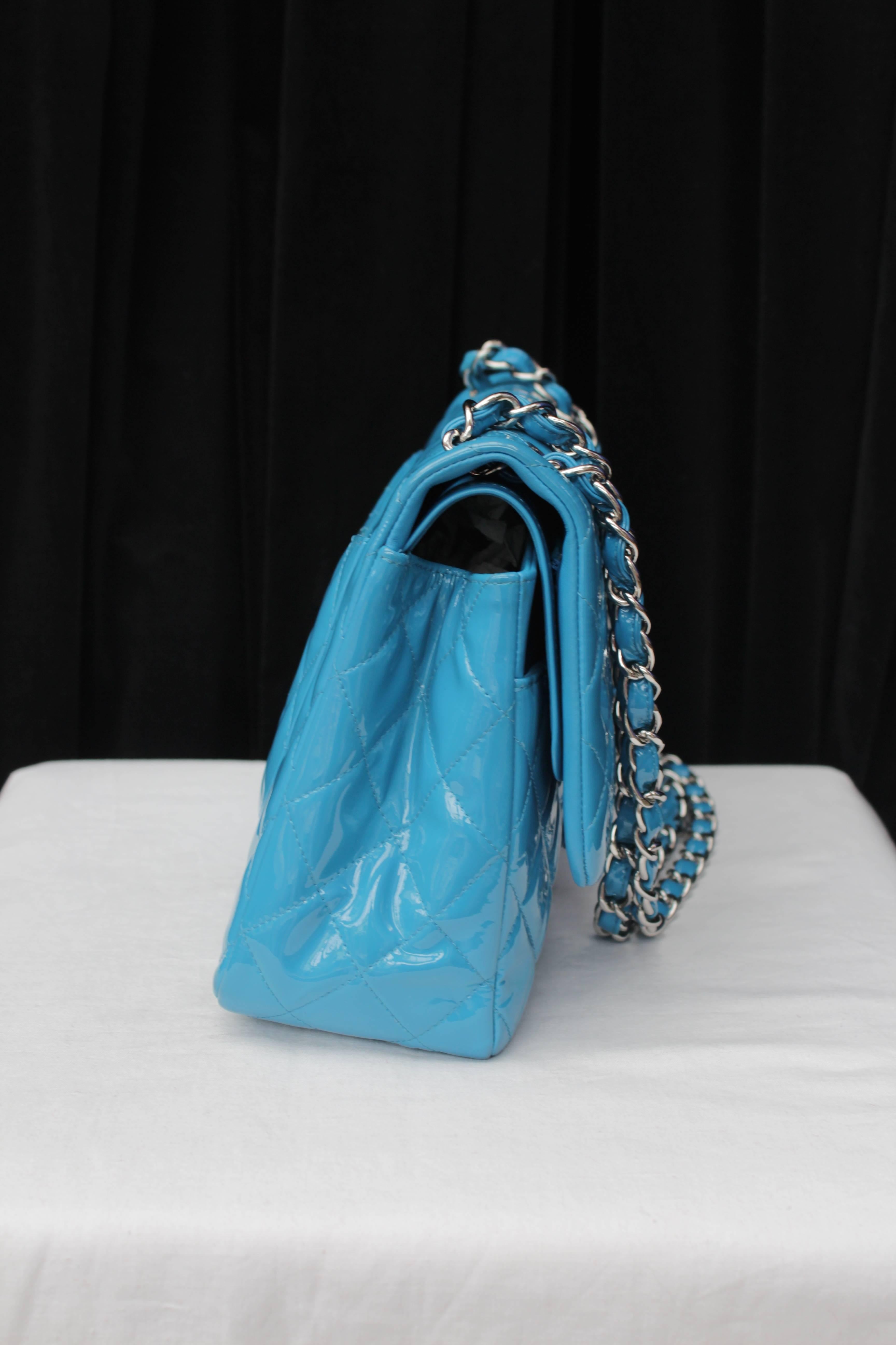 Women's 2000s Chanel Jumbo Timeless Bag in Patent Turquoise Leather and Silver Hardware