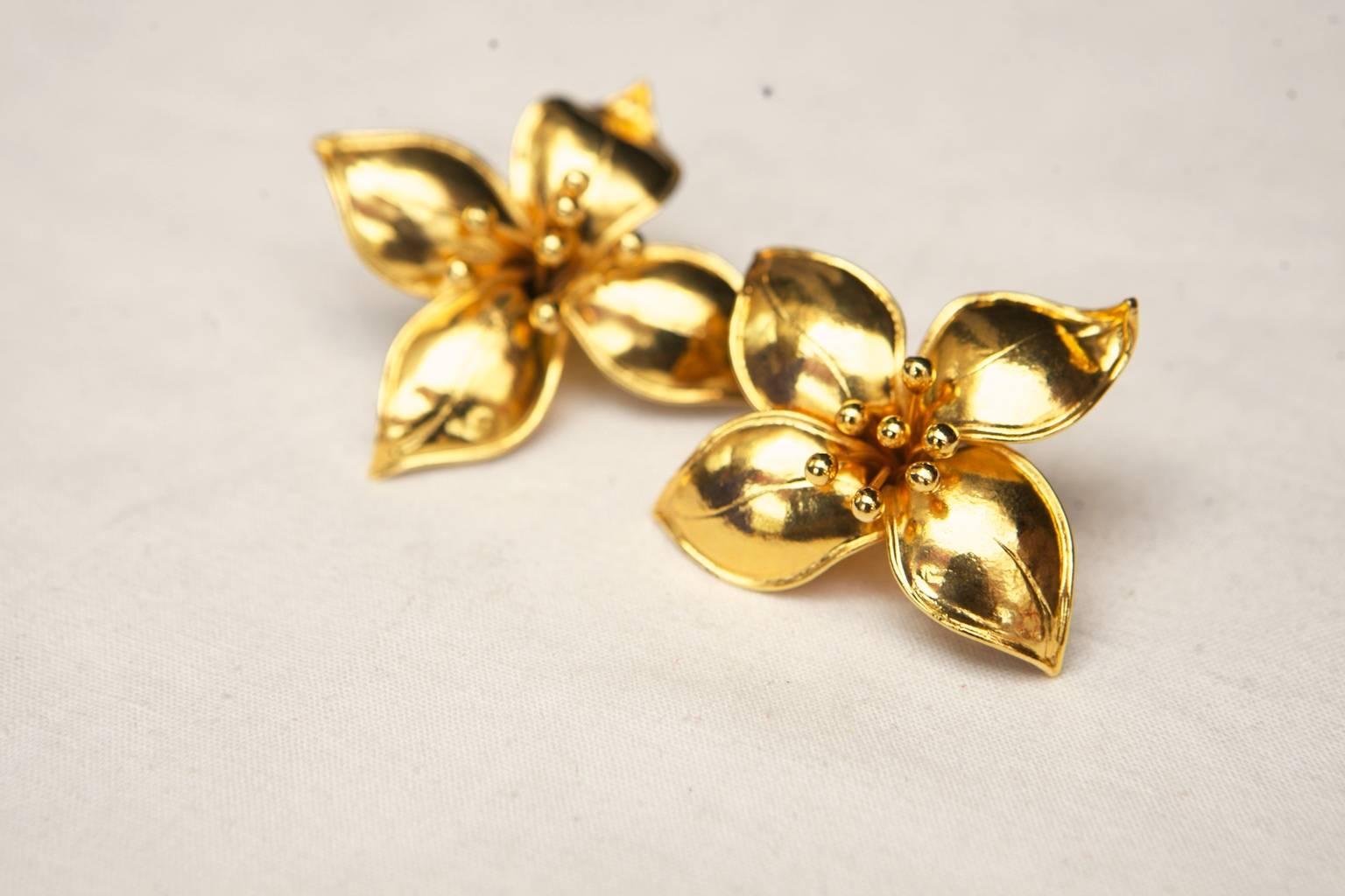1990s Valentino Couture Gilt Flower Clip On Earrings 1