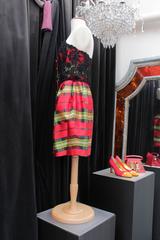 1993 Christian Lacroix Red Madras and Black Lace Mini Dress