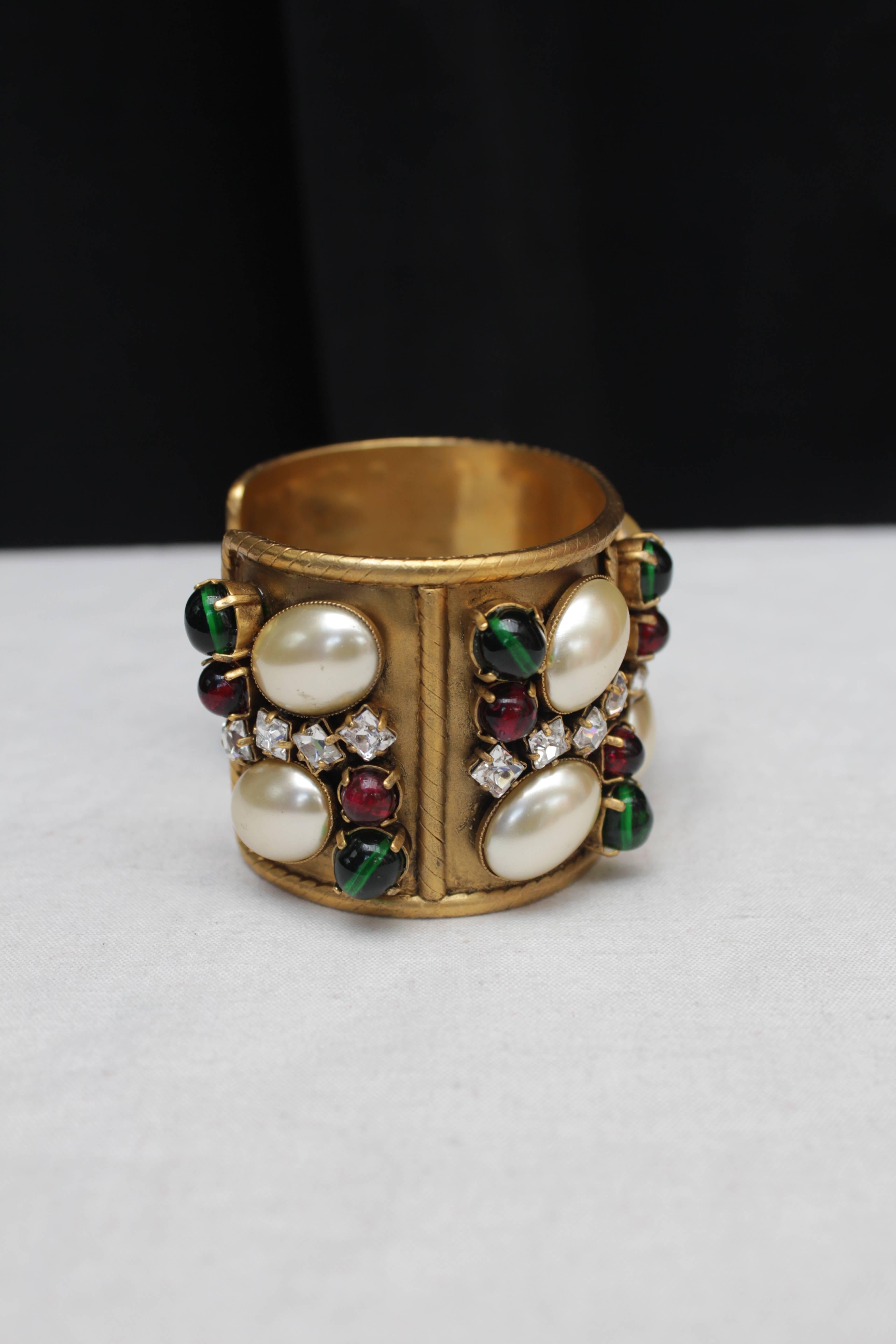 Women's Early 1990s Chanel Gilt Cuff and Green and Red Glass