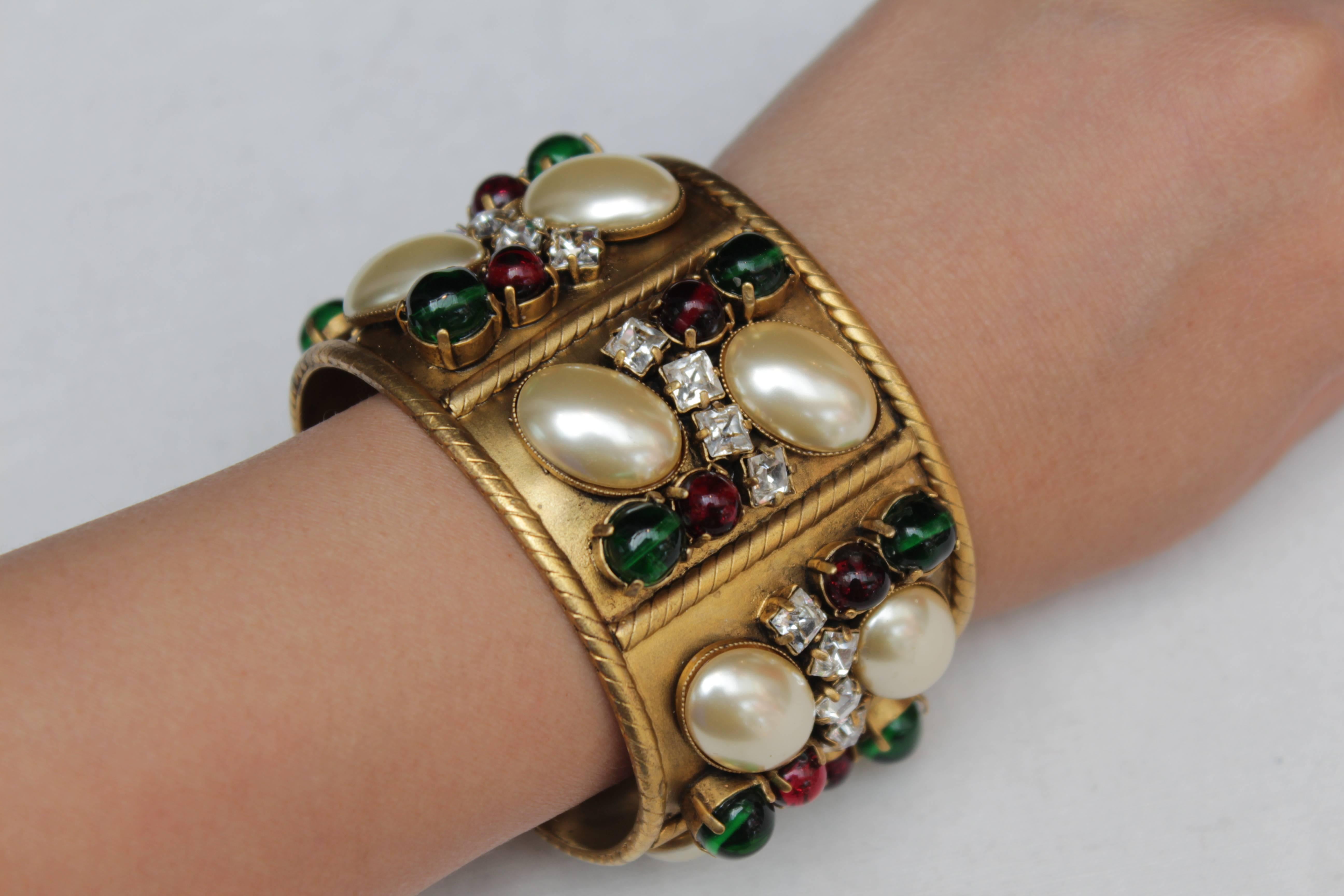 Early 1990s Chanel Gilt Cuff and Green and Red Glass 2