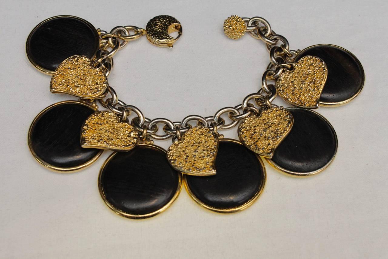 Women's Late 1980s Yves Saint Laurent Wood and Gilt Charms Bracelet