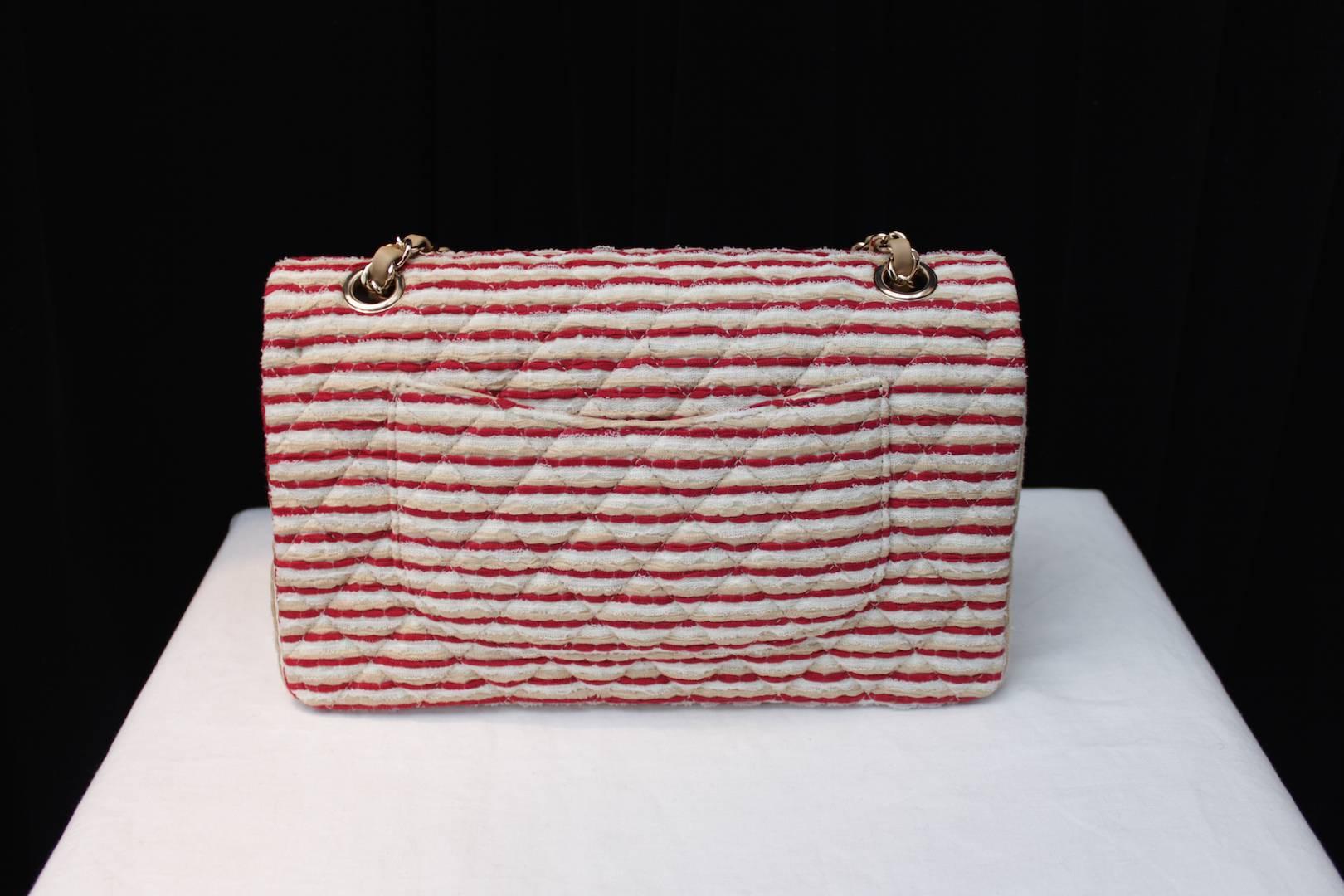 Women's 2014 Chanel Timeless White and Red stripes handbag with Faux Pearls Handle For Sale