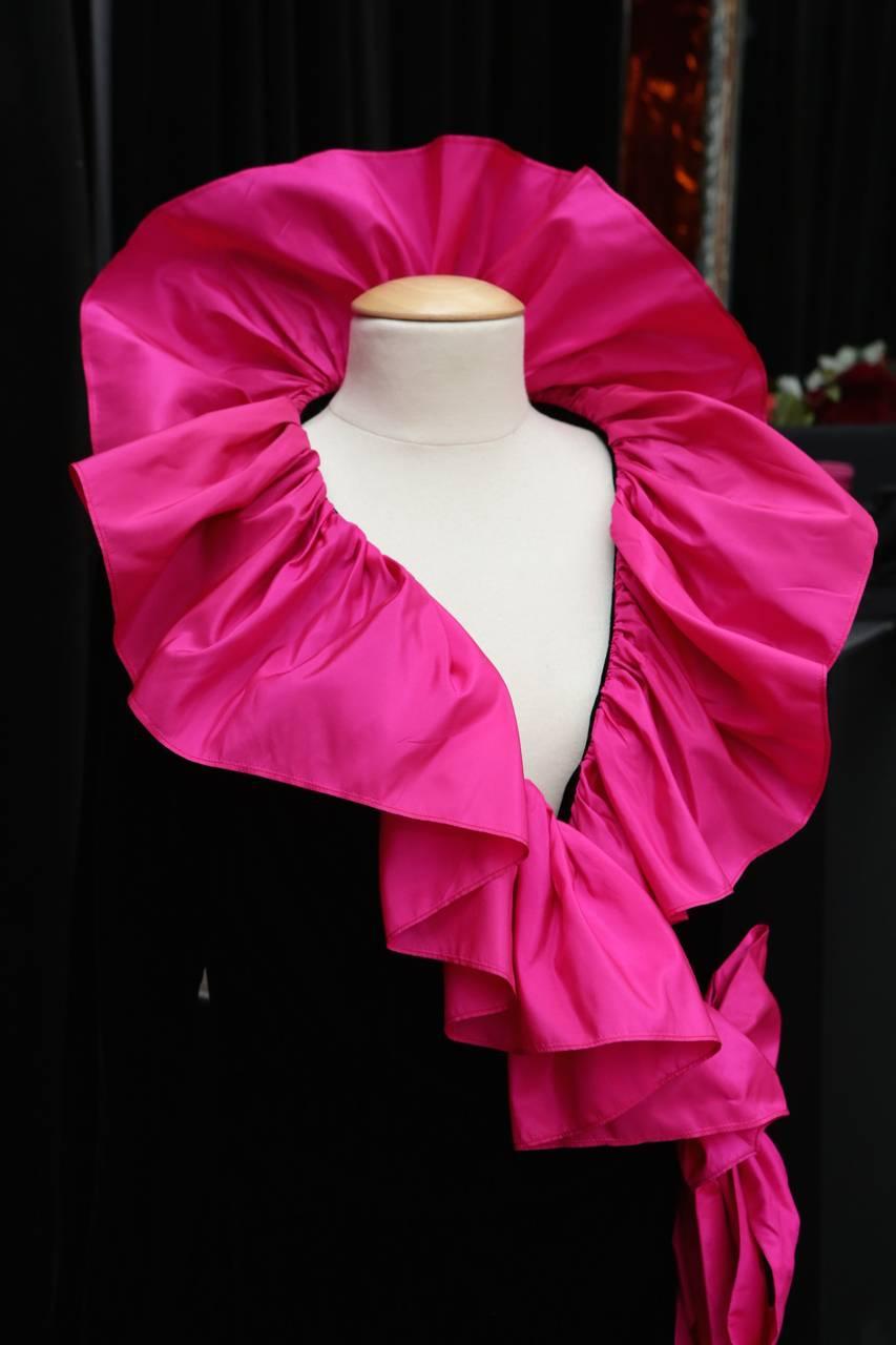 1980s Yves Saint Laurent Wrapping Dress in Black Velvet and Pink Ruffles 2