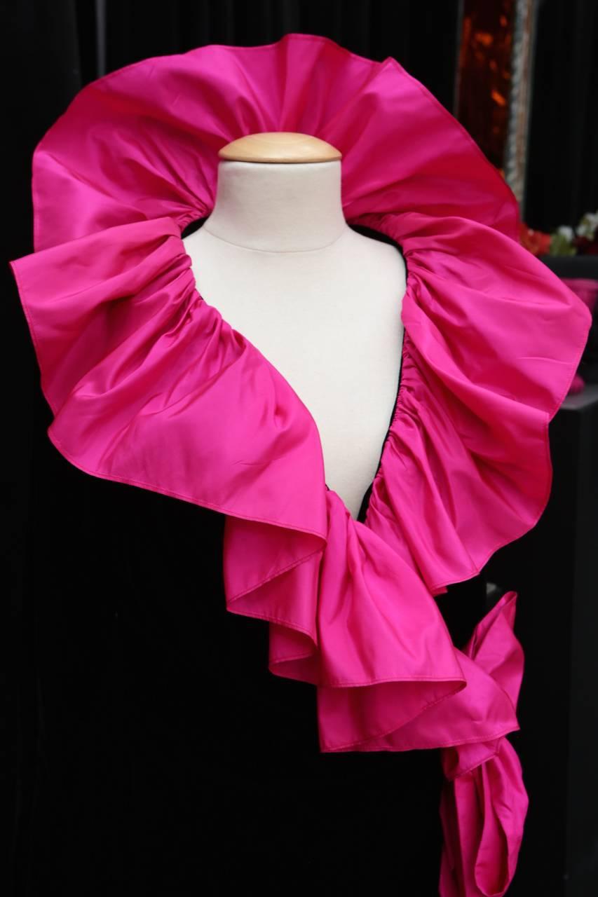 1980s Yves Saint Laurent Wrapping Dress in Black Velvet and Pink Ruffles 1