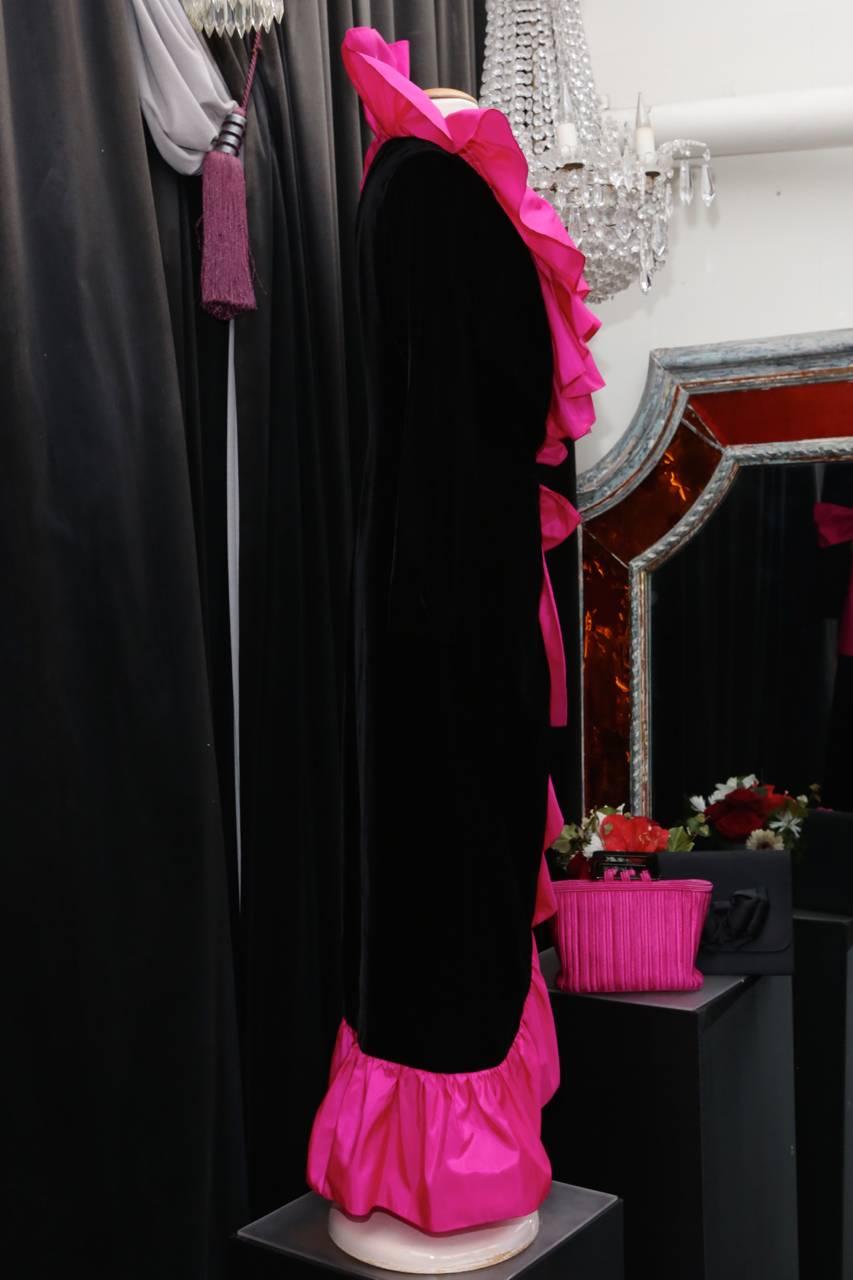 Women's 1980s Yves Saint Laurent Wrapping Dress in Black Velvet and Pink Ruffles