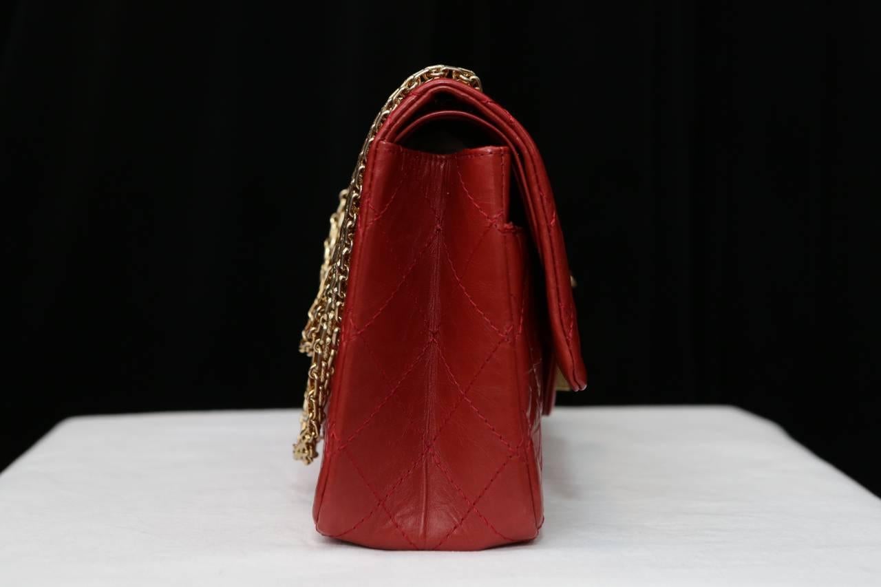 Women's 2000s Chanel 2-55 Jumbo Size Red Leather and Gilt Hardware Handbag