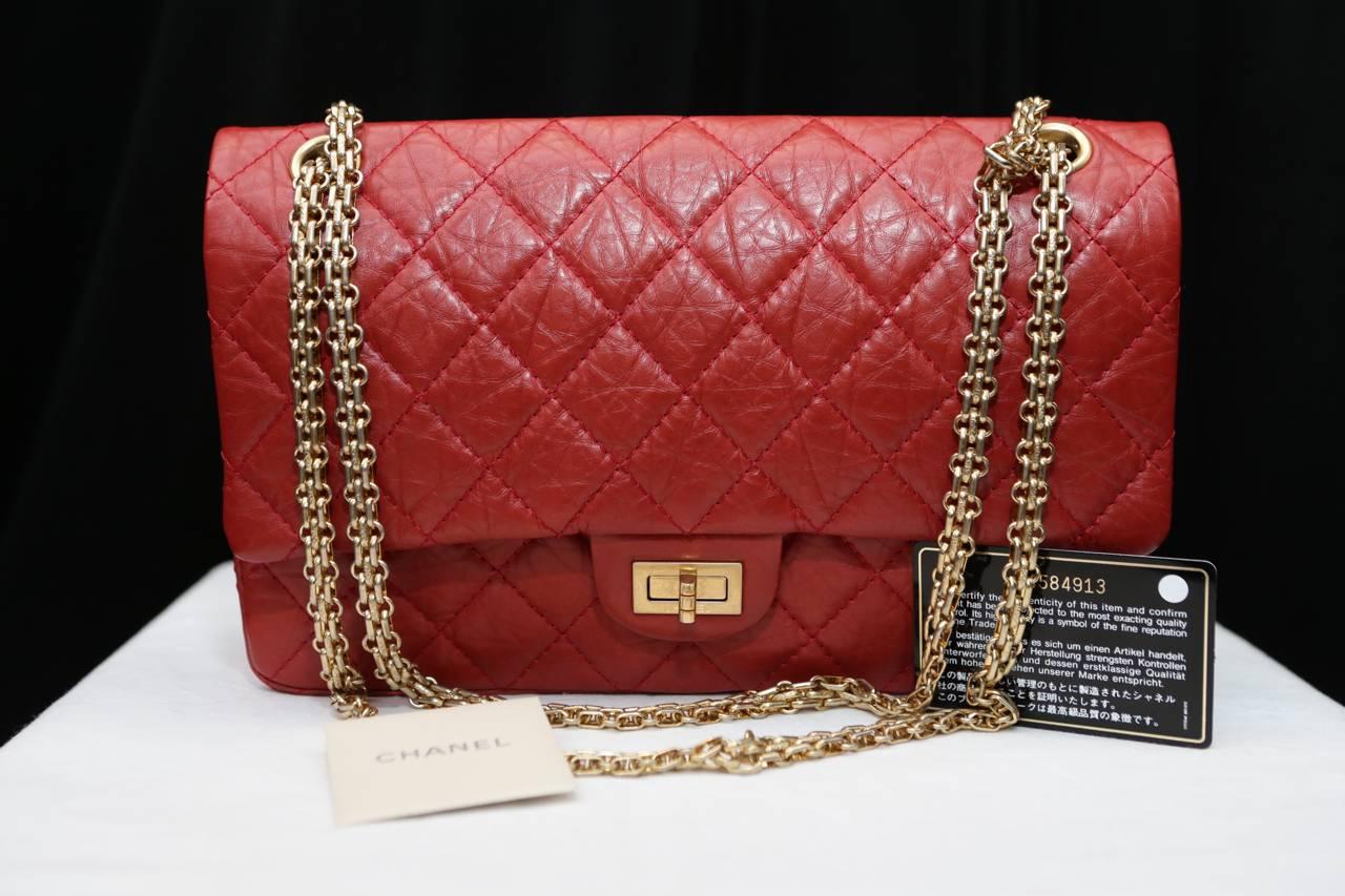 2000s Chanel 2-55 Jumbo Size Red Leather and Gilt Hardware Handbag 1