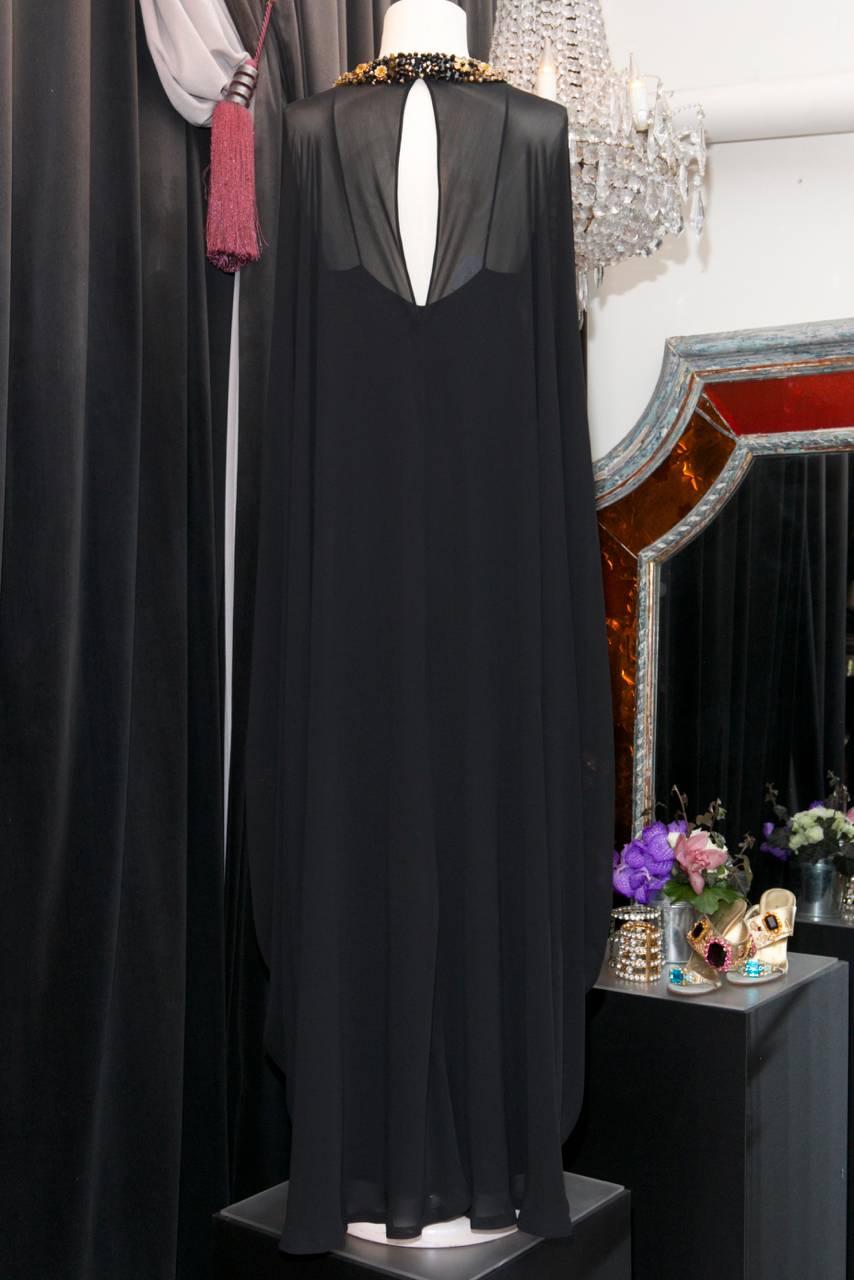 Women's 1970s Loris Azzaro Flowers Appliques on Black Chiffon Caftan Dress 