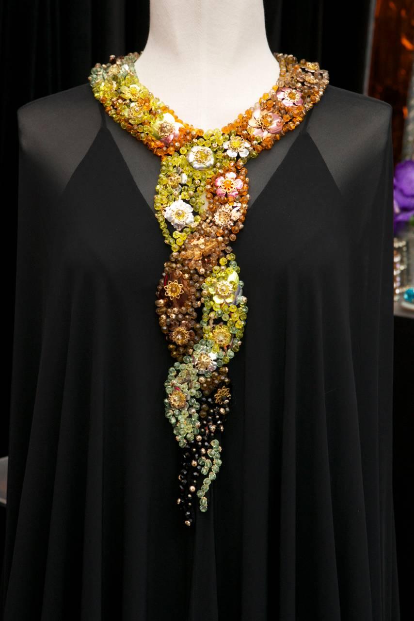 1970s Loris Azzaro Flowers Appliques on Black Chiffon Caftan Dress  1